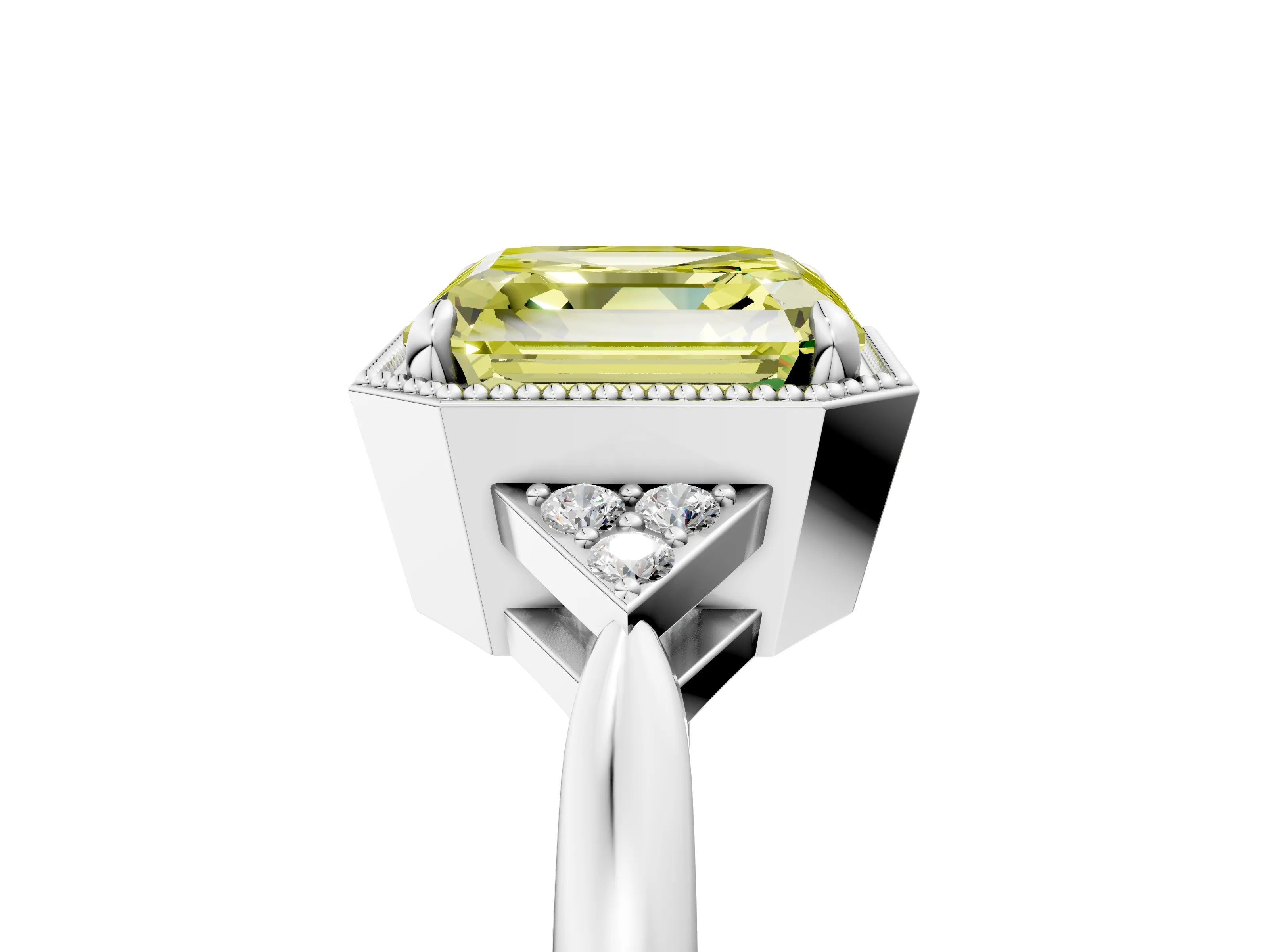White gold Hexagonal Halo Fancy Yellow Asscher Cut Diamond Solitaire with Pavé Band and Four-Prong Setting_8