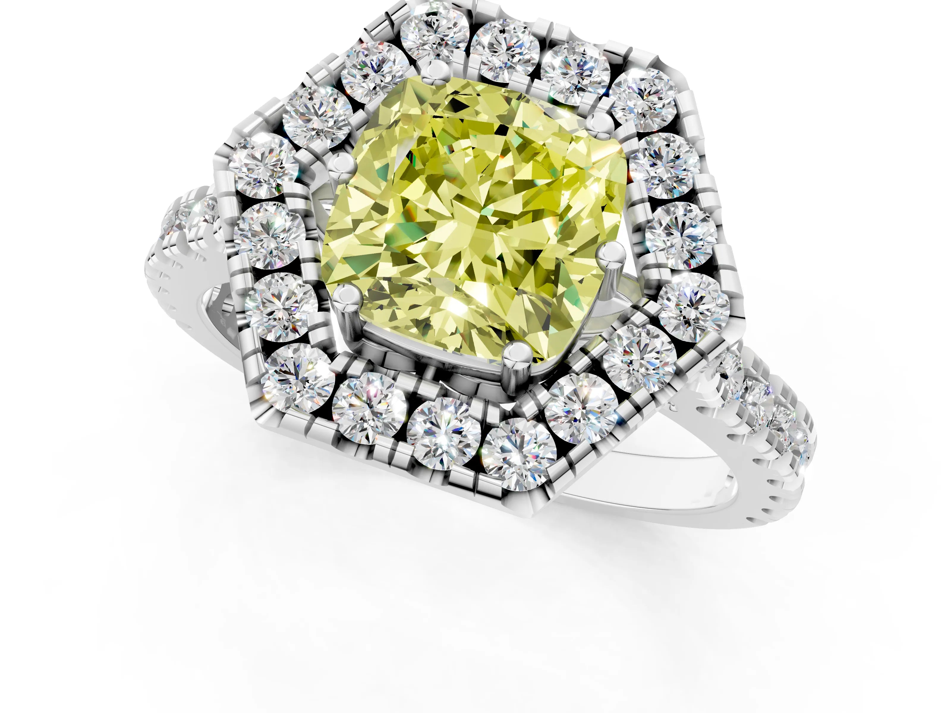 White gold Hexagonal Halo Fancy Yellow Cushion Cut Diamond Pavé Band with Four-Prong Setting_1