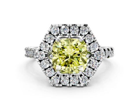 White gold Hexagonal Halo Fancy Yellow Cushion Cut Diamond Pavé Band with Four-Prong Setting