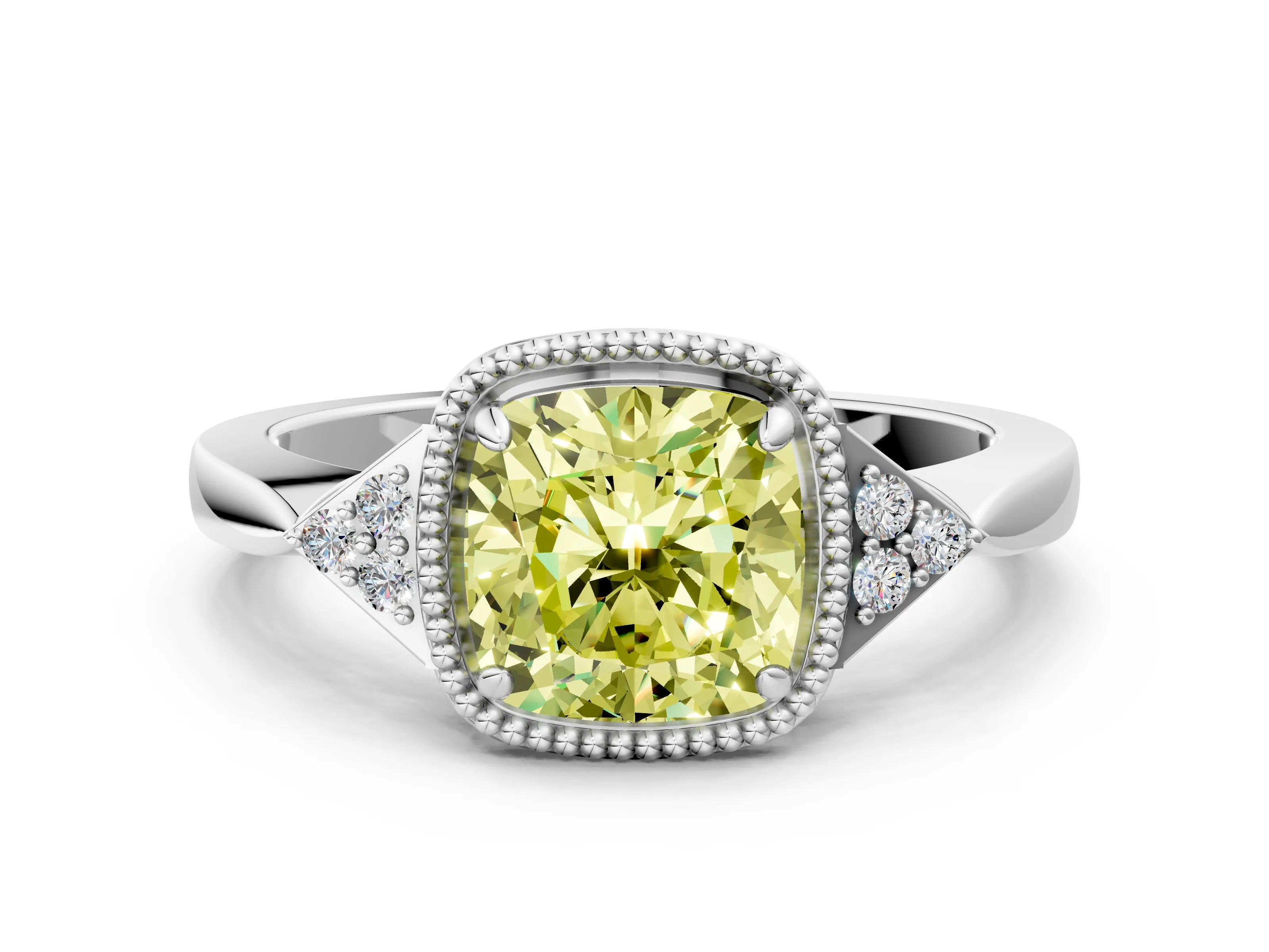 White gold Hexagonal Halo Fancy Yellow Cushion Cut Diamond Solitaire with Pavé Band and Four-Prong Setting_15