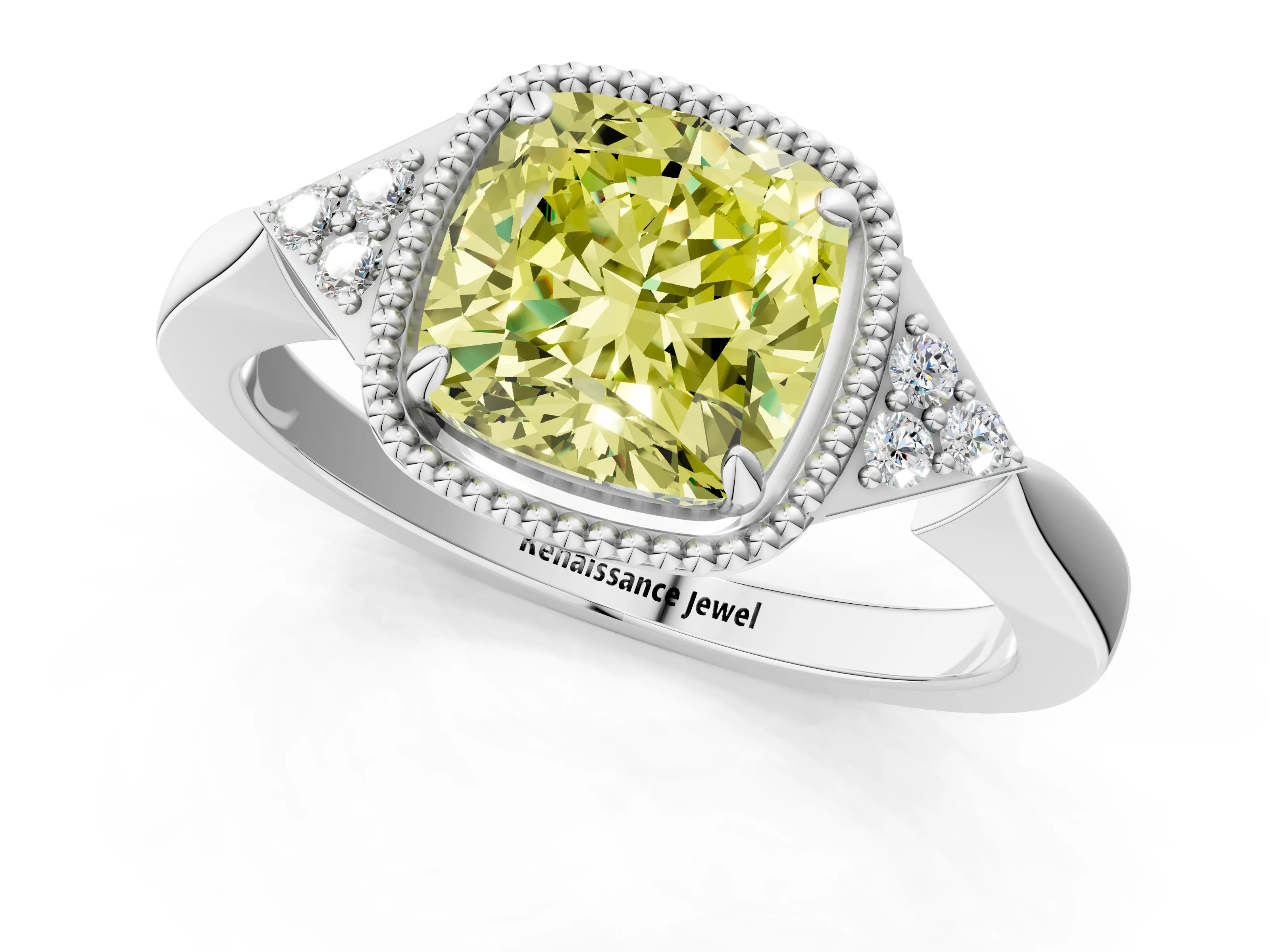White gold Hexagonal Halo Fancy Yellow Cushion Cut Diamond Solitaire with Pavé Band and Four-Prong Setting_16