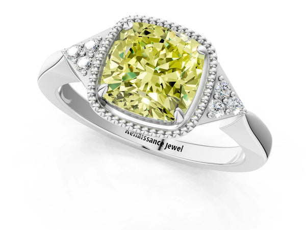 Platinum Hexagonal Halo Fancy Yellow Cushion Cut Diamond Solitaire with Pavé Band and Four-Prong Setting