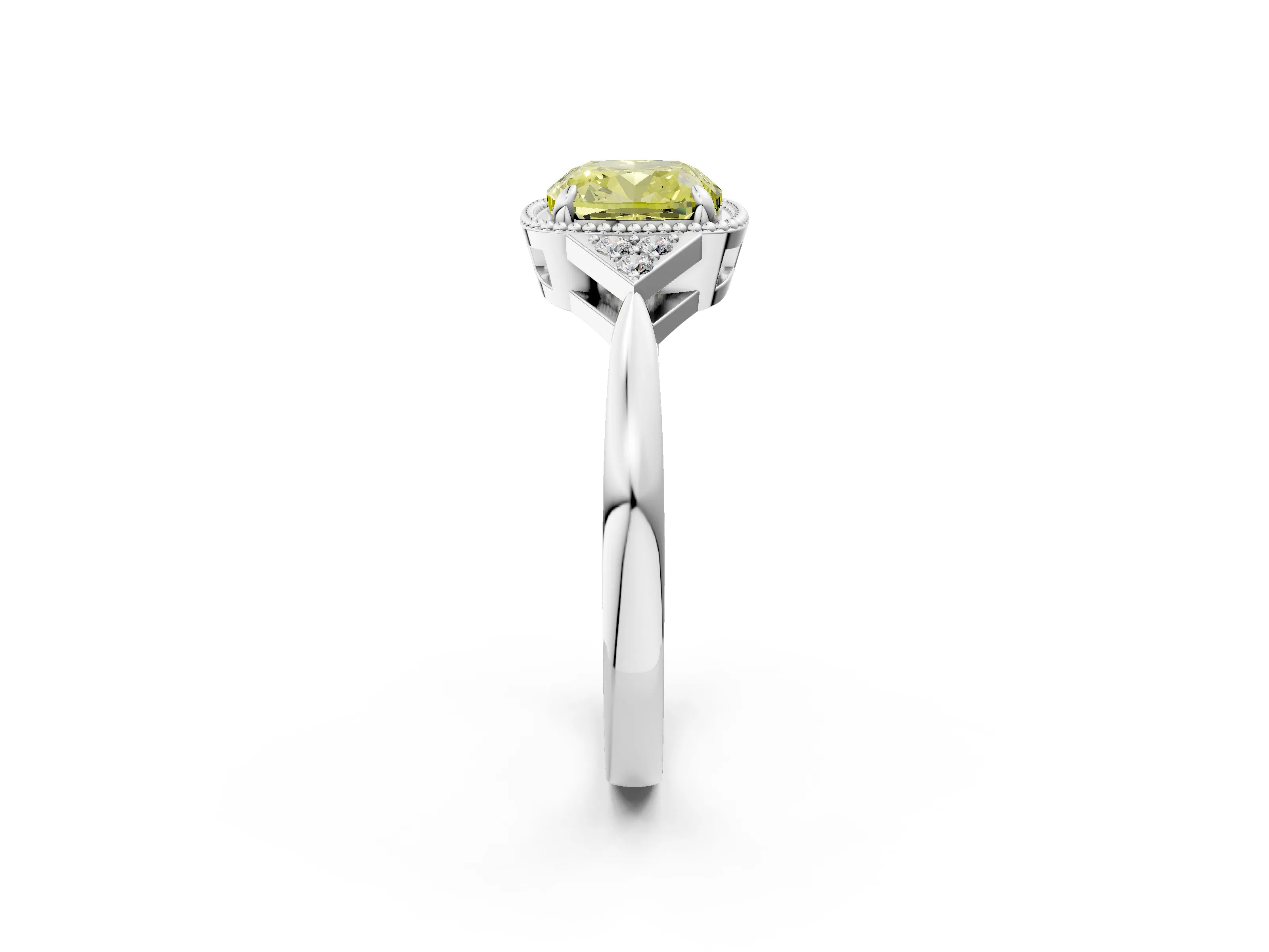 White gold Hexagonal Halo Fancy Yellow Cushion Cut Diamond Solitaire with Pavé Band and Four-Prong Setting_17