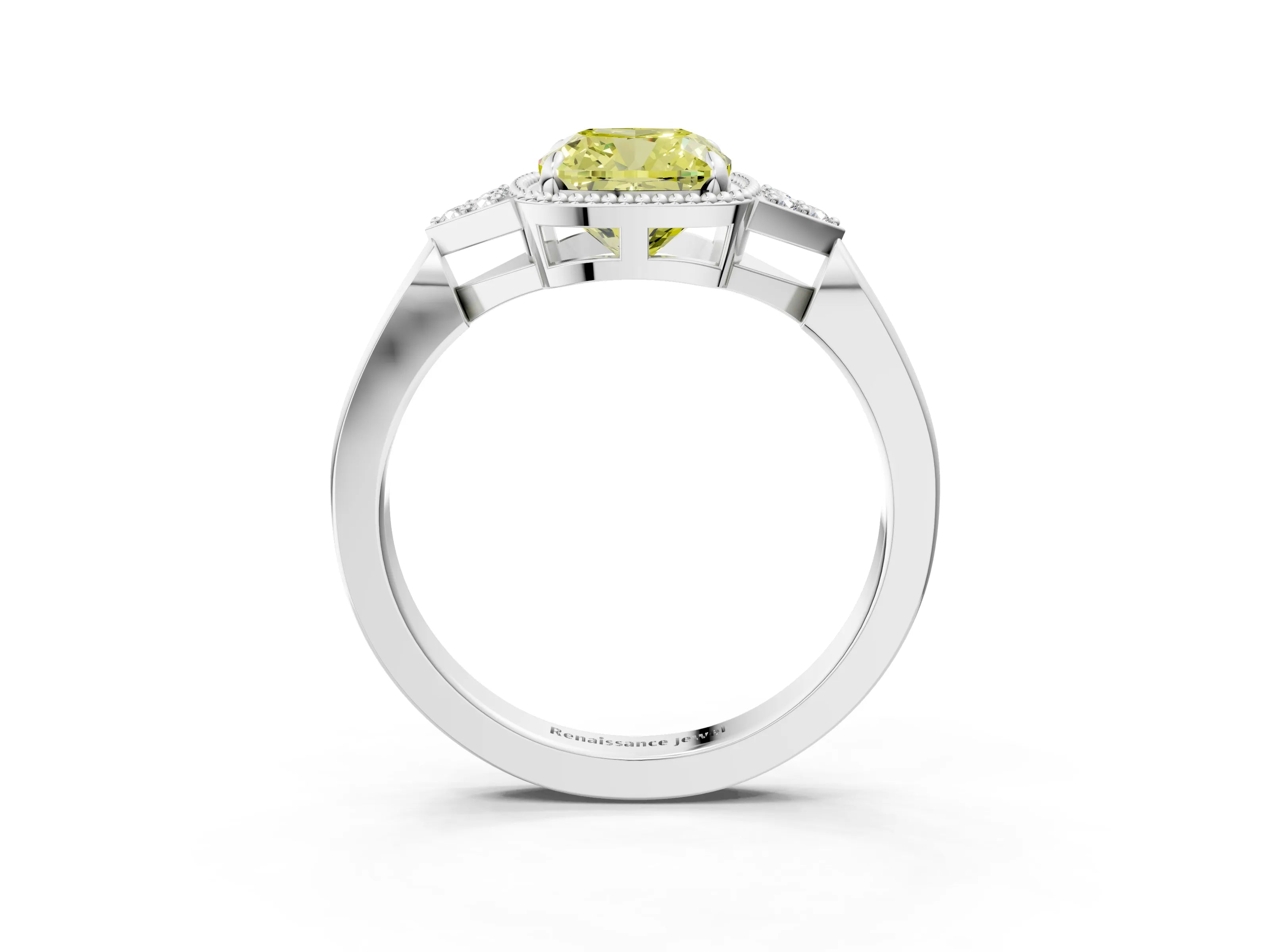 White gold Hexagonal Halo Fancy Yellow Cushion Cut Diamond Solitaire with Pavé Band and Four-Prong Setting_18