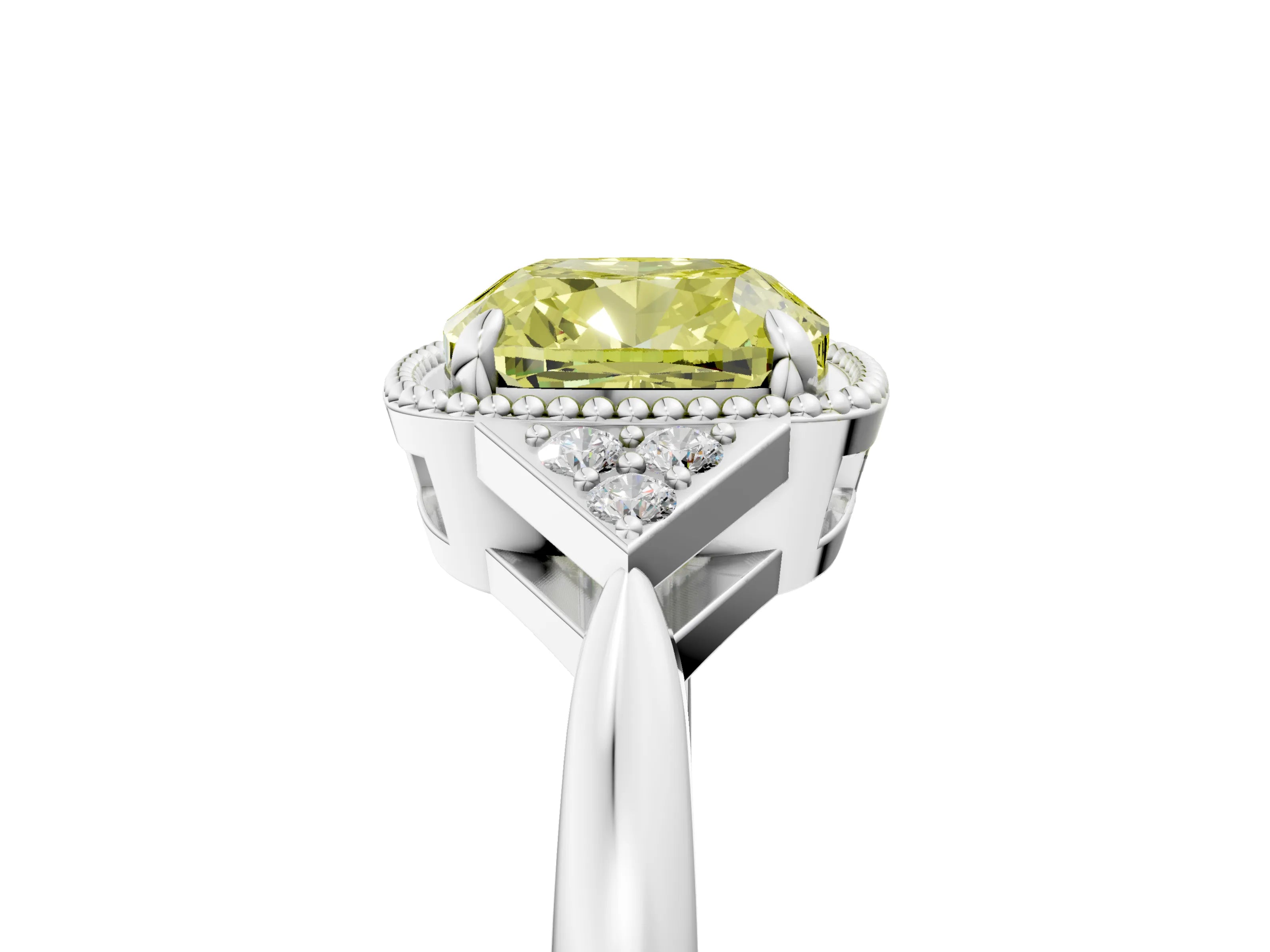 White gold Hexagonal Halo Fancy Yellow Cushion Cut Diamond Solitaire with Pavé Band and Four-Prong Setting_20