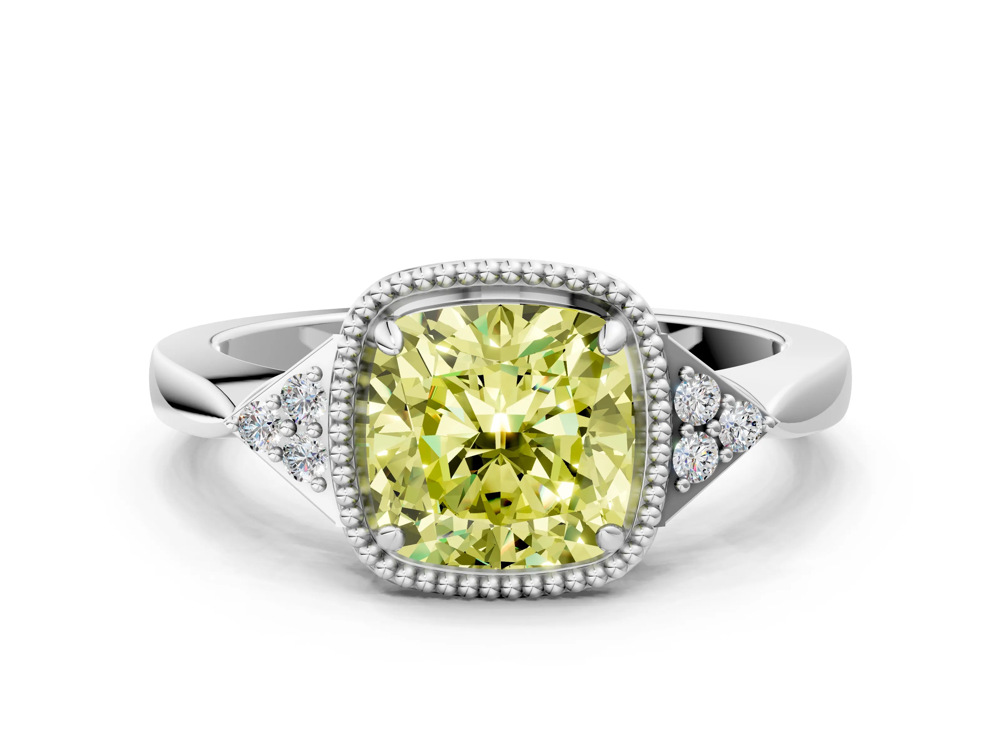 White gold Hexagonal Halo Fancy Yellow Cushion Cut Diamond Solitaire with Pavé Band and Four-Prong Setting_3