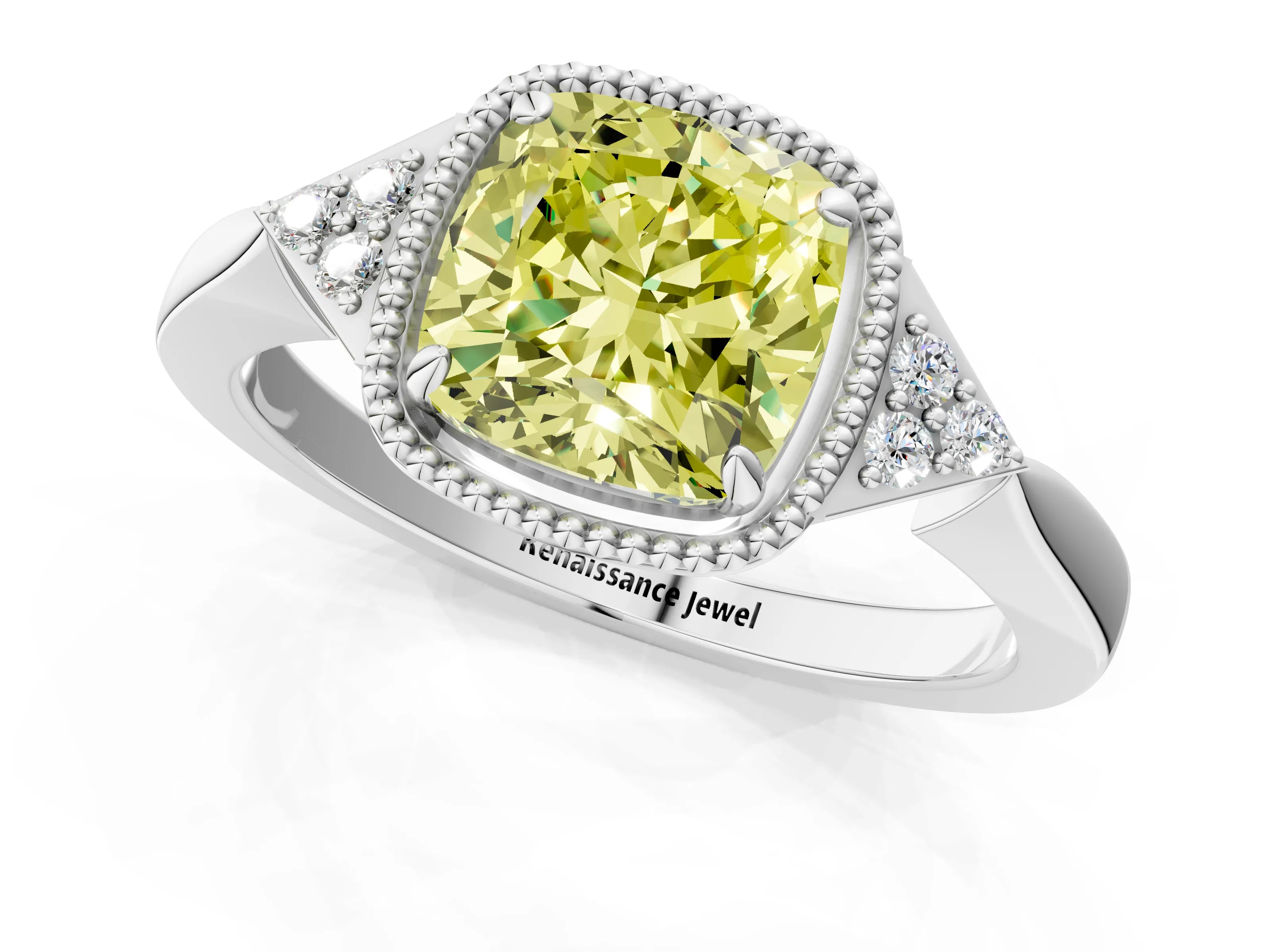 White gold Hexagonal Halo Fancy Yellow Cushion Cut Diamond Solitaire with Pavé Band and Four-Prong Setting_4