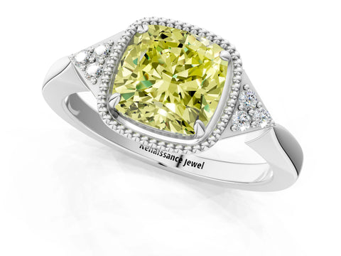 White gold Hexagonal Halo Fancy Yellow Cushion Cut Diamond Solitaire with Pavé Band and Four-Prong Setting_4