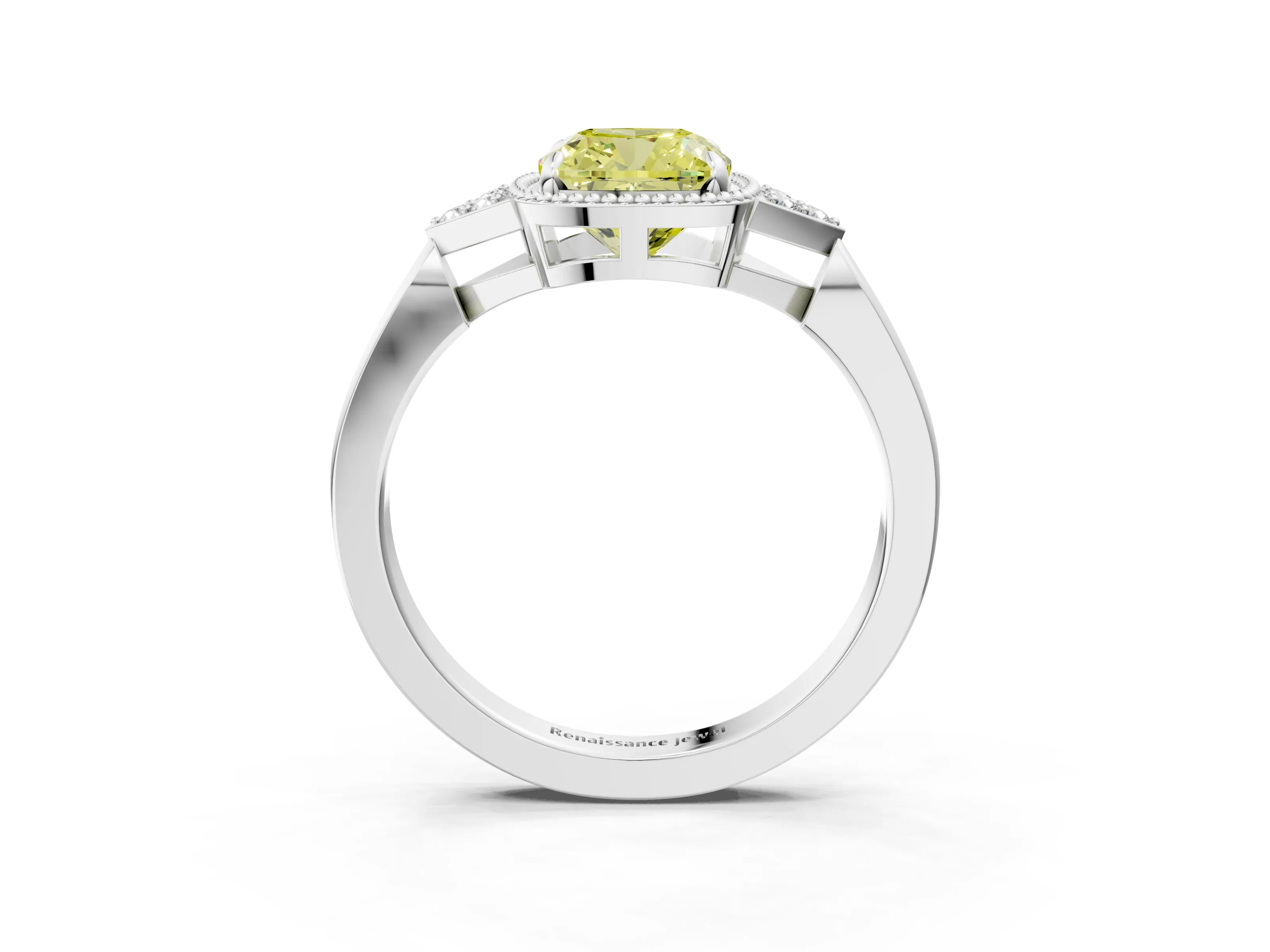 White gold Hexagonal Halo Fancy Yellow Cushion Cut Diamond Solitaire with Pavé Band and Four-Prong Setting_6