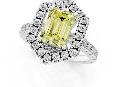 White gold Hexagonal Halo Fancy Yellow Emerald Cut Diamond Pavé Band with Four-Prong Setting_1