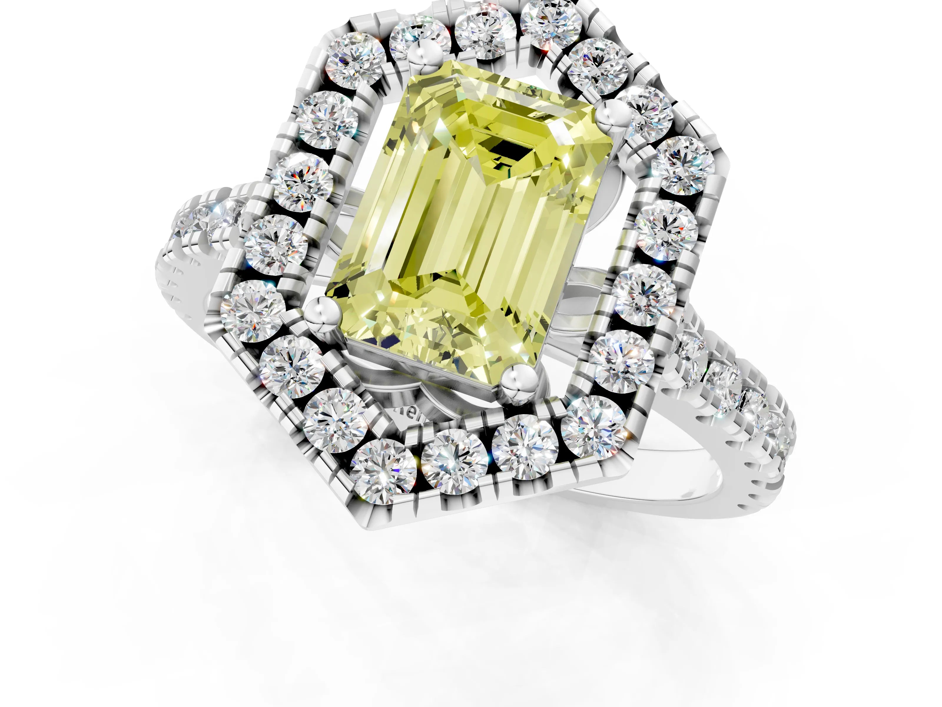 White gold Hexagonal Halo Fancy Yellow Emerald Cut Diamond Pavé Band with Four-Prong Setting_1