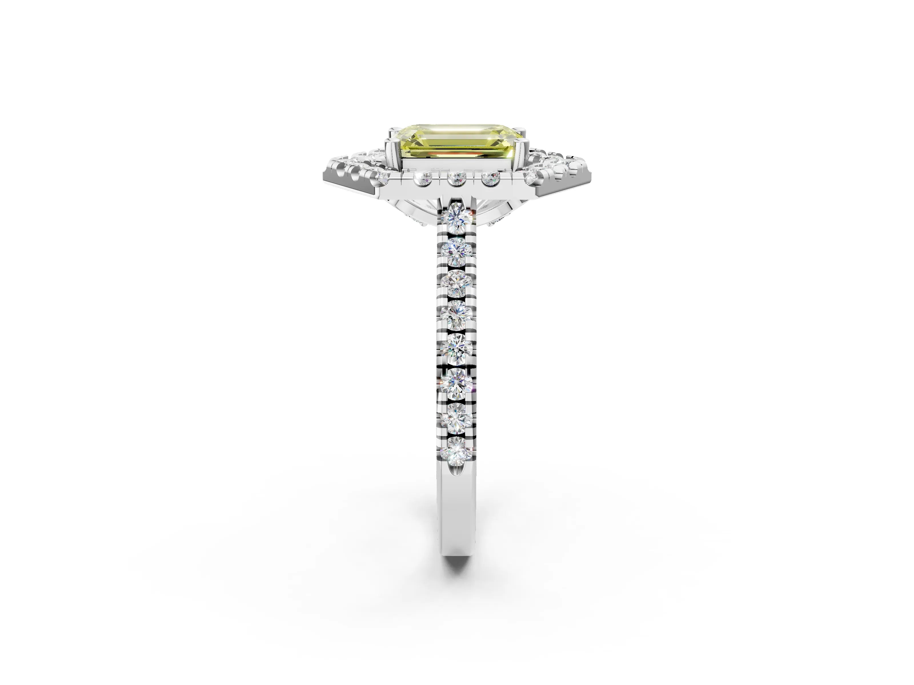 White gold Hexagonal Halo Fancy Yellow Emerald Cut Diamond Pavé Band with Four-Prong Setting_2