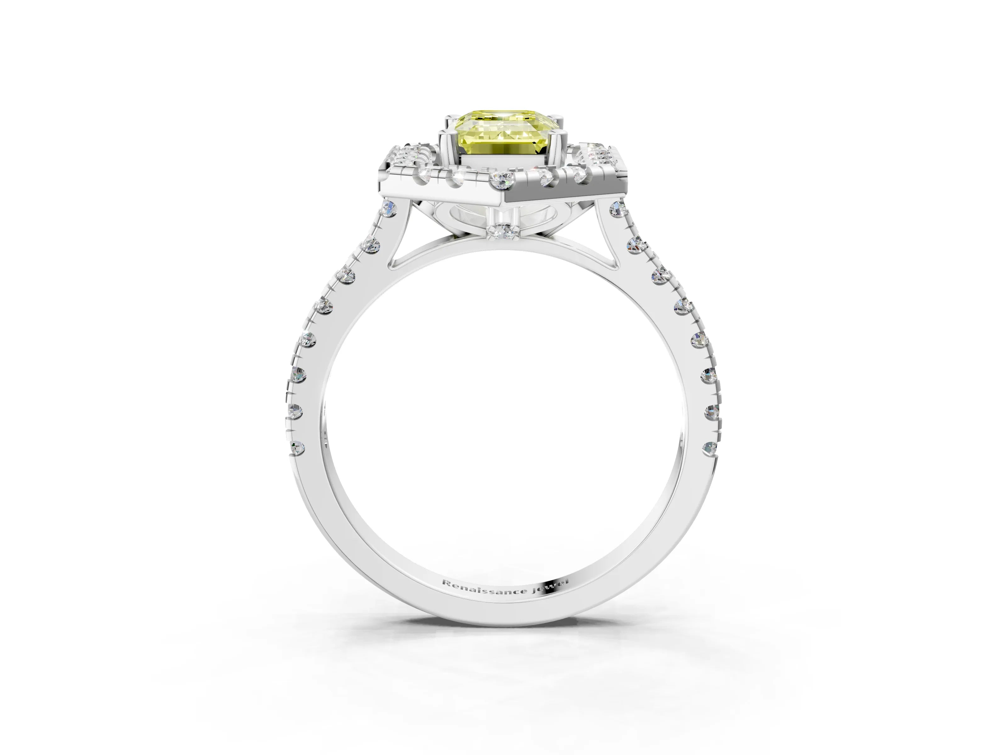 White gold Hexagonal Halo Fancy Yellow Emerald Cut Diamond Pavé Band with Four-Prong Setting_3