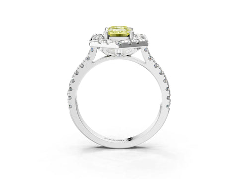 White gold Hexagonal Halo Fancy Yellow Emerald Cut Diamond Pavé Band with Four-Prong Setting_3