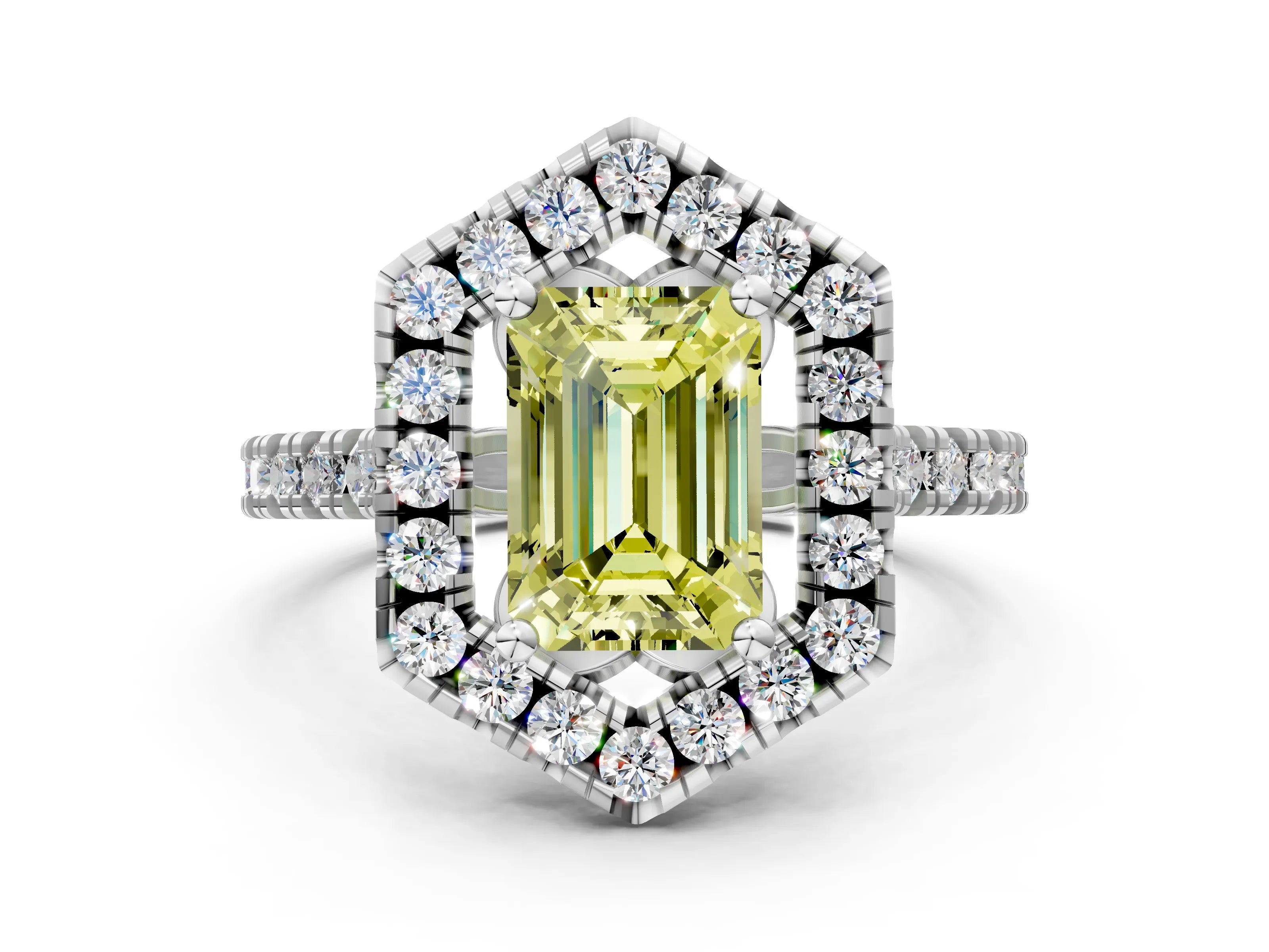 White gold Hexagonal Halo Fancy Yellow Emerald Cut Diamond Pavé Band with Four-Prong Setting