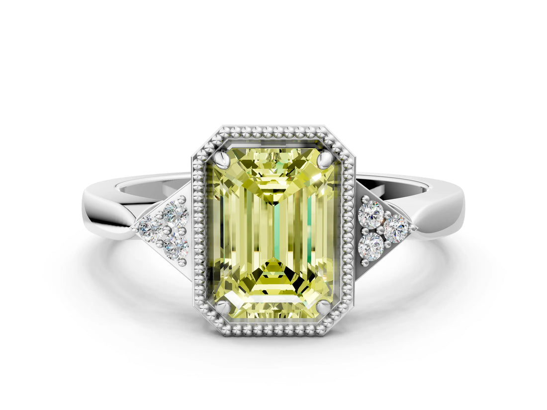 White gold Hexagonal Halo Fancy Yellow Emerald Cut Diamond Solitaire with Pavé Band and Four-Prong Setting_15