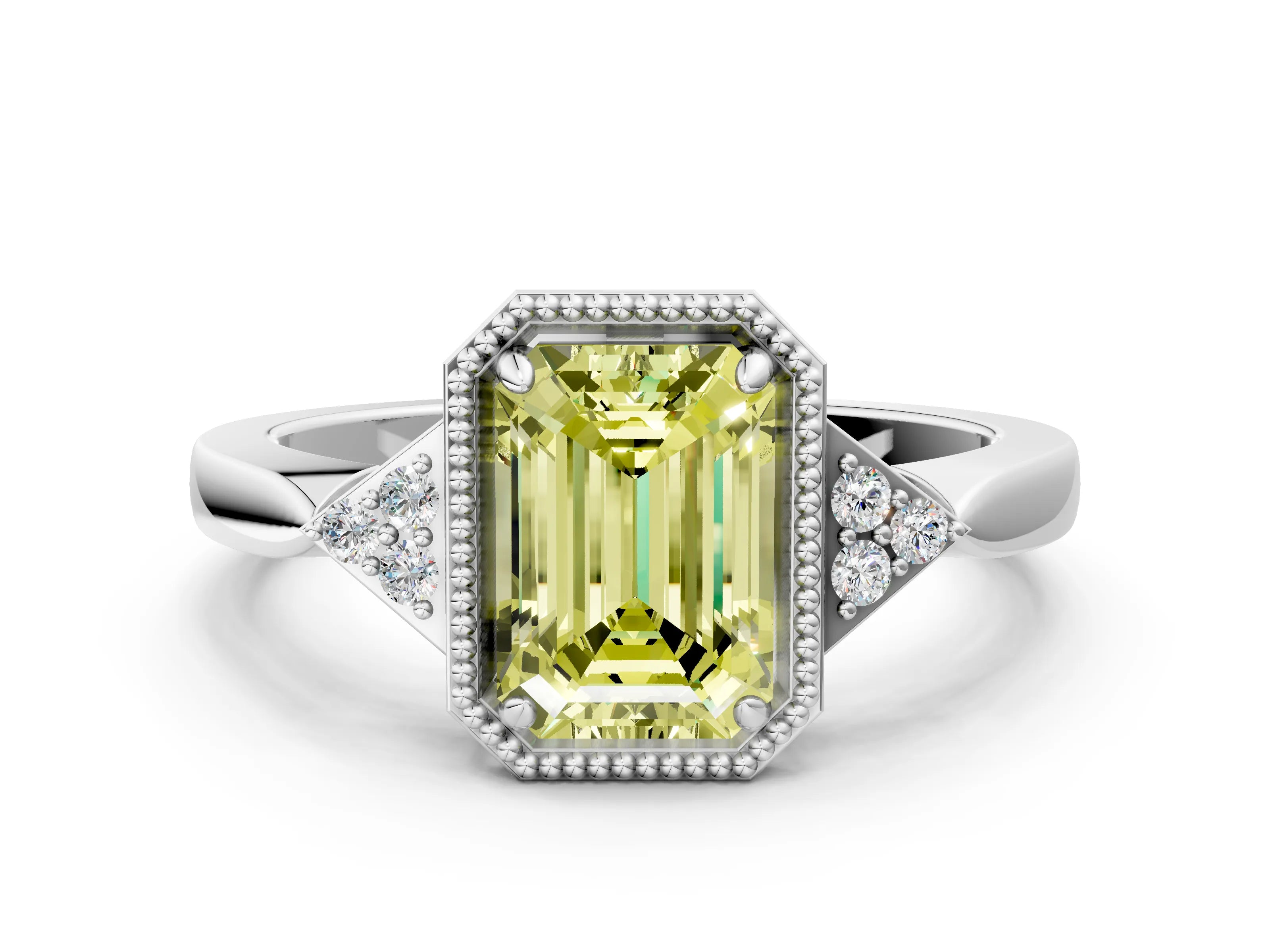 White gold Hexagonal Halo Fancy Yellow Emerald Cut Diamond Solitaire with Pavé Band and Four-Prong Setting_15