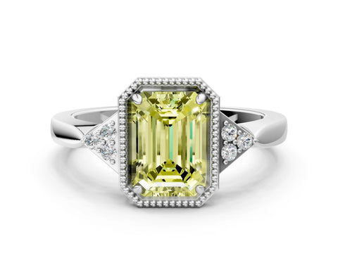 White gold Hexagonal Halo Fancy Yellow Emerald Cut Diamond Solitaire with Pavé Band and Four-Prong Setting_15