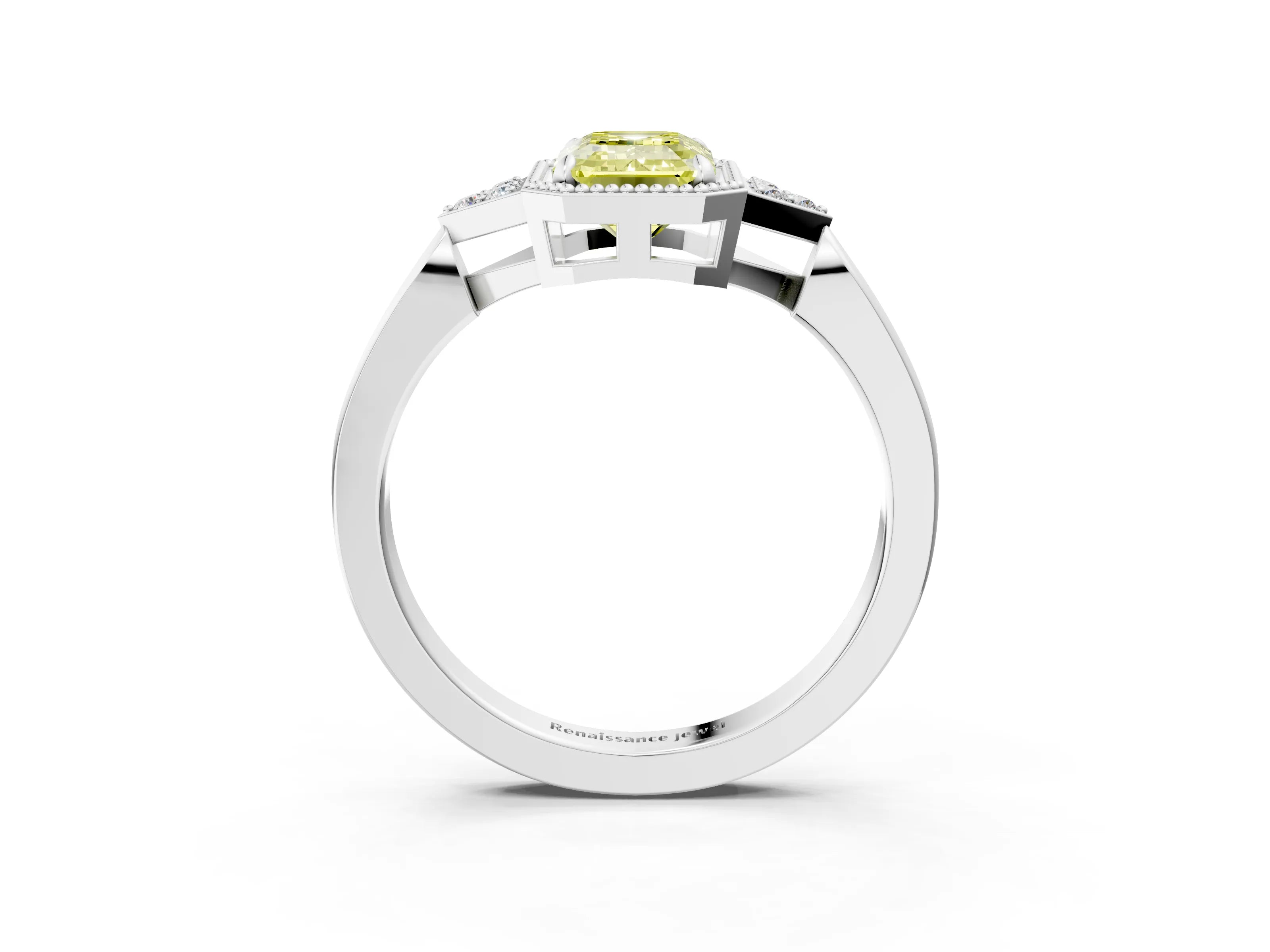 White gold Hexagonal Halo Fancy Yellow Emerald Cut Diamond Solitaire with Pavé Band and Four-Prong Setting_18