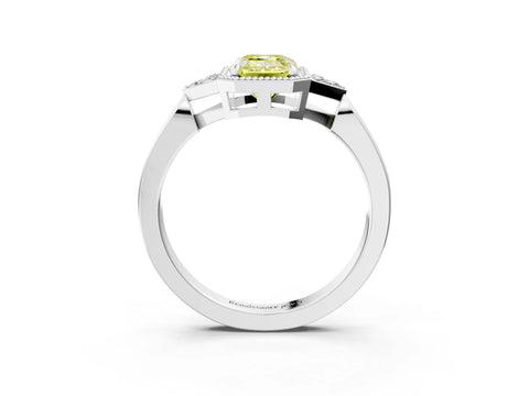 White gold Hexagonal Halo Fancy Yellow Emerald Cut Diamond Solitaire with Pavé Band and Four-Prong Setting_18