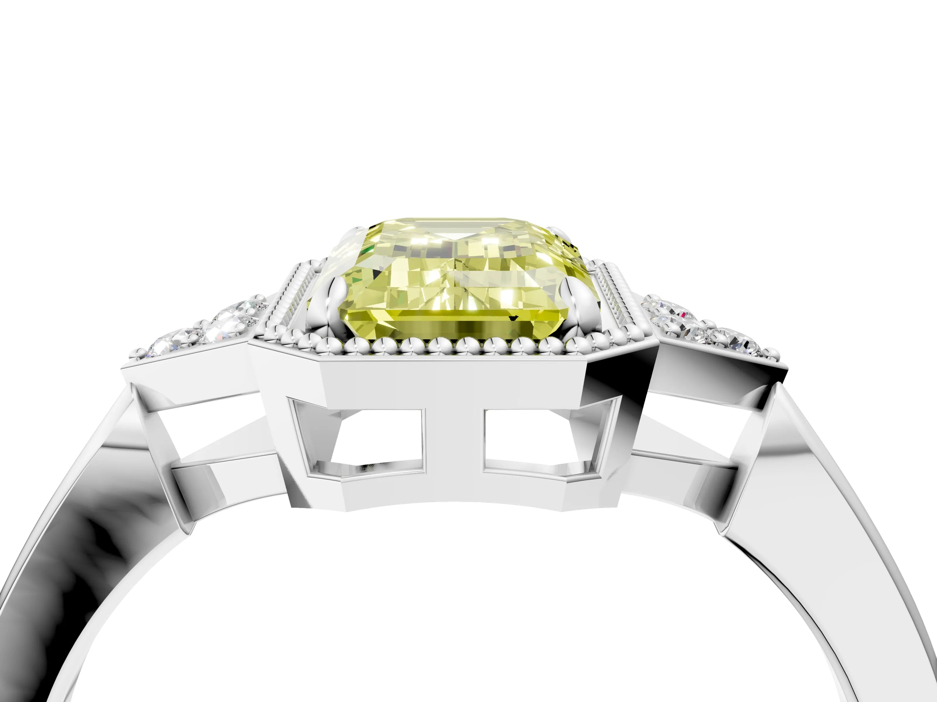 White gold Hexagonal Halo Fancy Yellow Emerald Cut Diamond Solitaire with Pavé Band and Four-Prong Setting_19