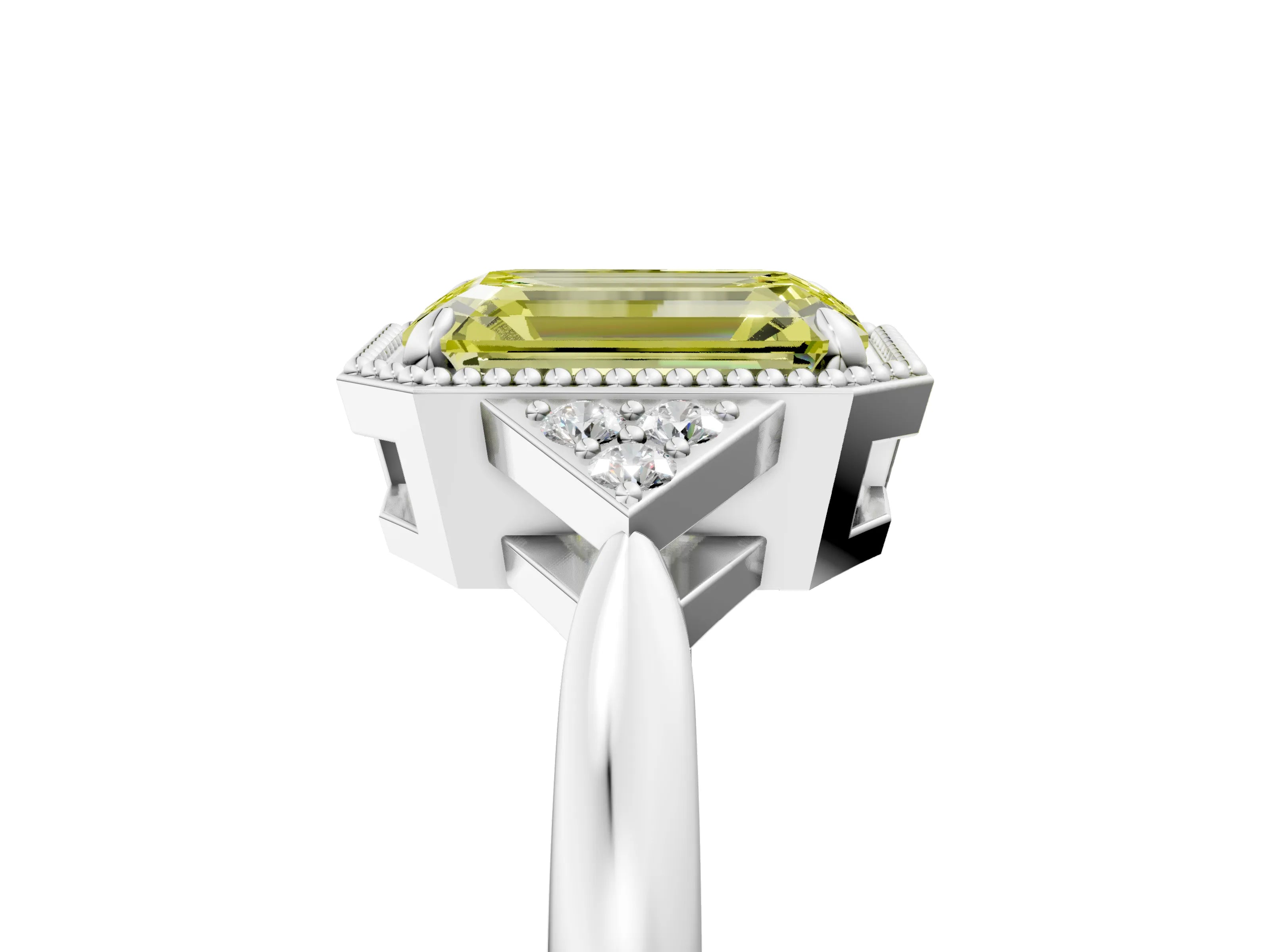 White gold Hexagonal Halo Fancy Yellow Emerald Cut Diamond Solitaire with Pavé Band and Four-Prong Setting_20