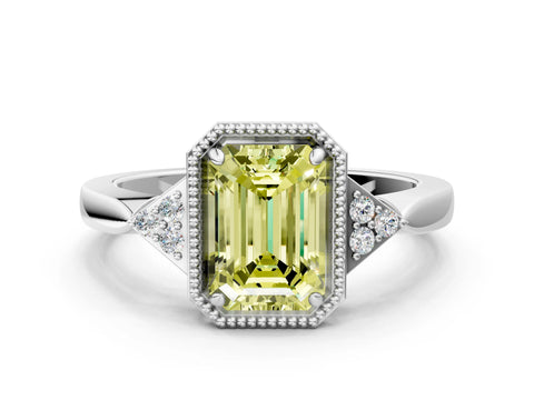 White gold Hexagonal Halo Fancy Yellow Emerald Cut Diamond Solitaire with Pavé Band and Four-Prong Setting_3