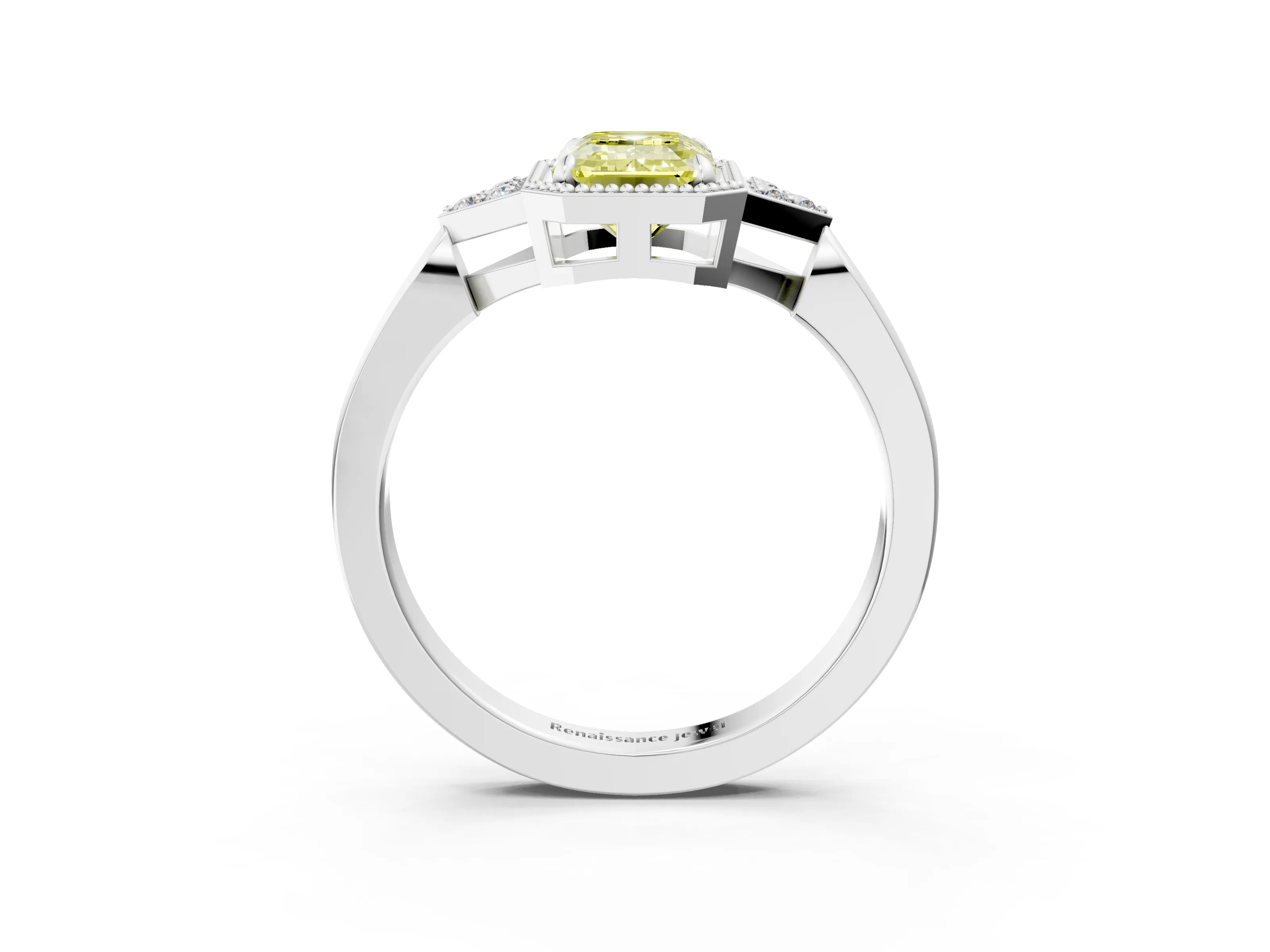 White gold Hexagonal Halo Fancy Yellow Emerald Cut Diamond Solitaire with Pavé Band and Four-Prong Setting_6
