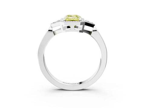 White gold Hexagonal Halo Fancy Yellow Emerald Cut Diamond Solitaire with Pavé Band and Four-Prong Setting_6