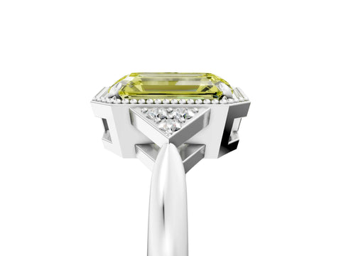 White gold Hexagonal Halo Fancy Yellow Emerald Cut Diamond Solitaire with Pavé Band and Four-Prong Setting_8