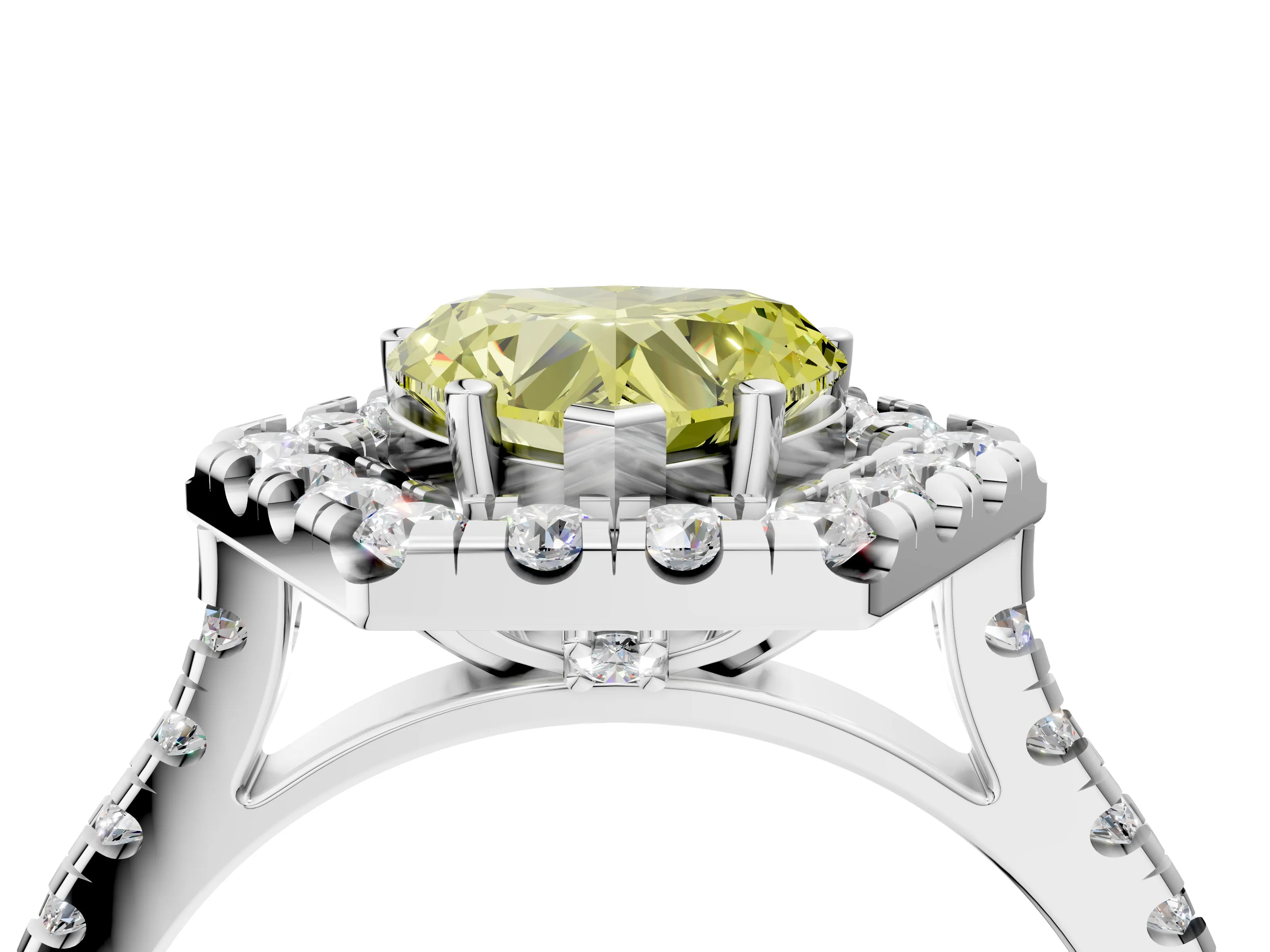 White gold Hexagonal Halo Fancy Yellow Heart Cut Diamond Pavé Band with Four-Prong Setting_22