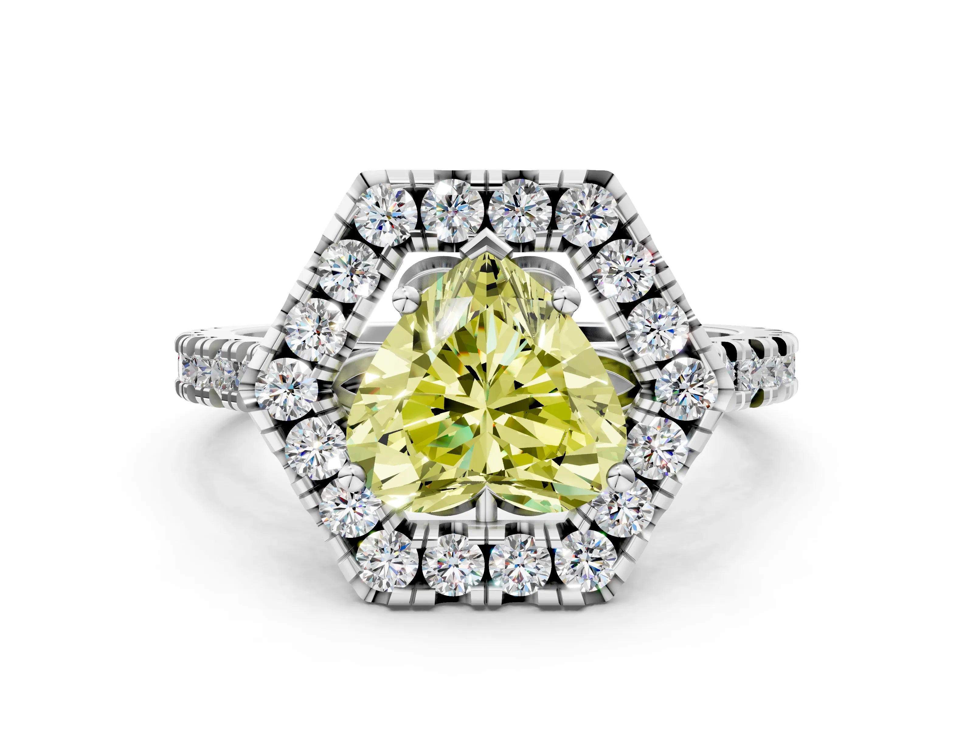 White gold Hexagonal Halo Fancy Yellow Heart Cut Diamond Pavé Band with Four-Prong Setting_24