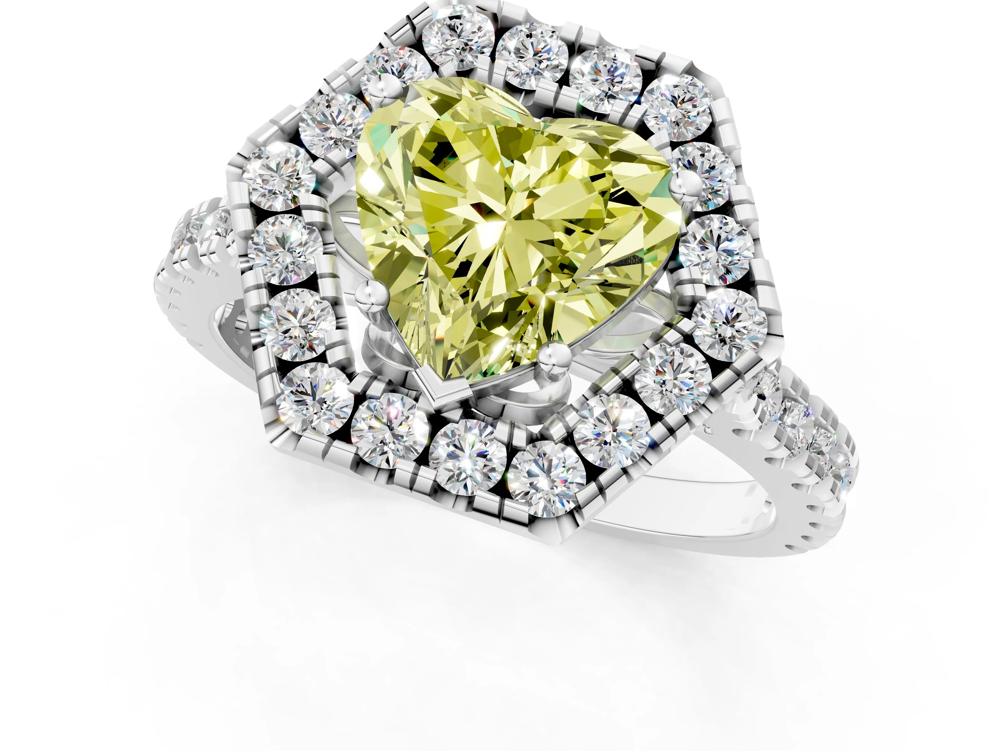 White gold Hexagonal Halo Fancy Yellow Heart Cut Diamond Pavé Band with Four-Prong Setting_54