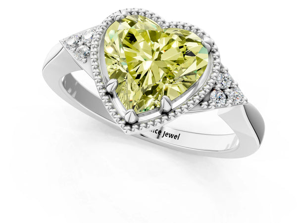 Platinum Hexagonal Halo Fancy Yellow Heart Cut Diamond Solitaire with Pavé Band and Four-Prong Setting