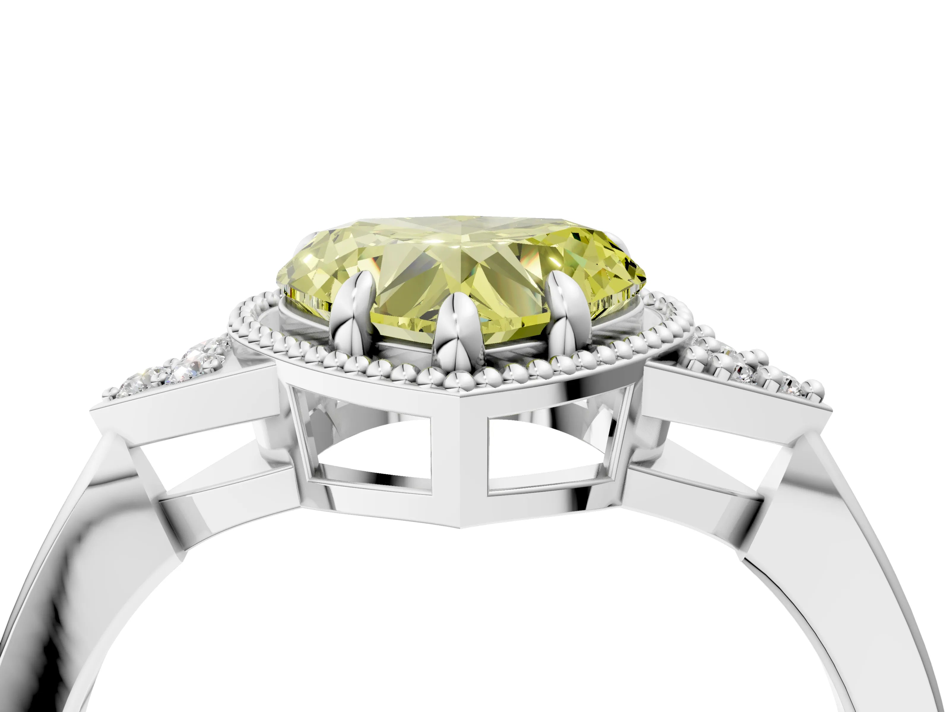 White gold Hexagonal Halo Fancy Yellow Heart Cut Diamond Solitaire with Pavé Band and Four-Prong Setting_7