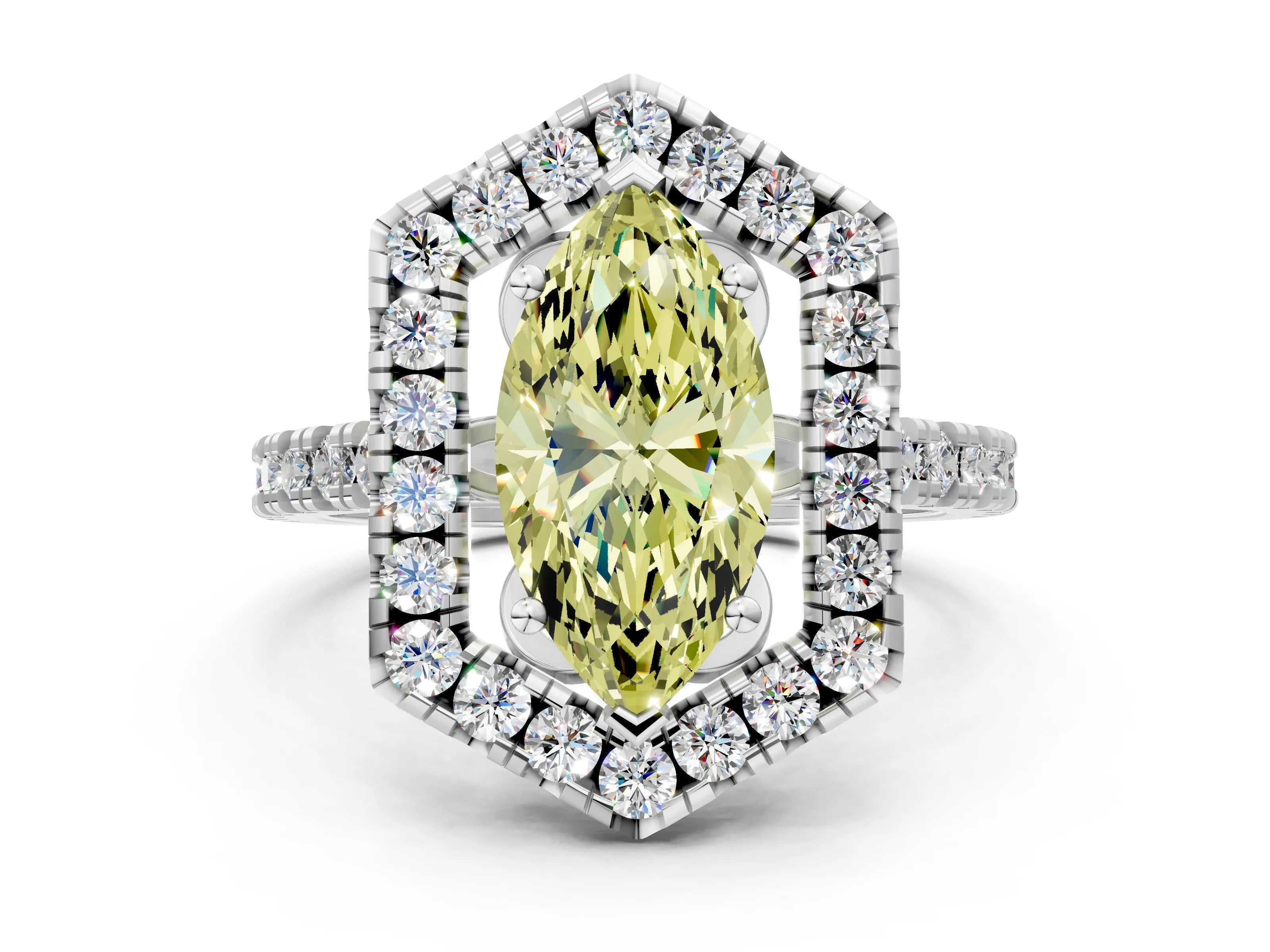 White gold Hexagonal Halo Fancy Yellow Marquise Cut Diamond Pavé Band with Four-Prong Setting