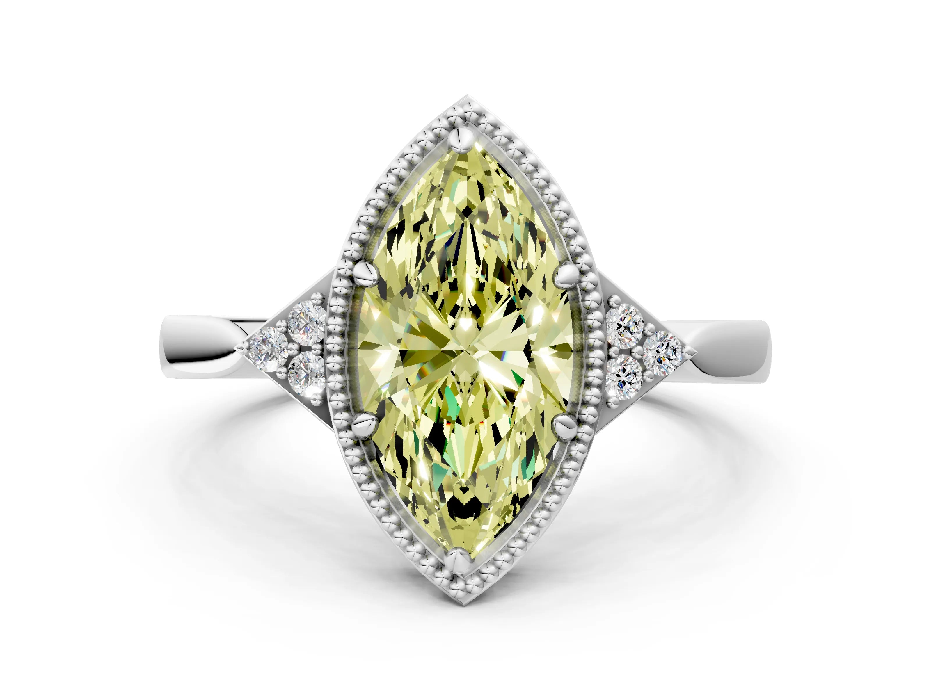 White gold Hexagonal Halo Fancy Yellow Marquise Cut Diamond Solitaire with Pavé Band and Four-Prong Setting_15