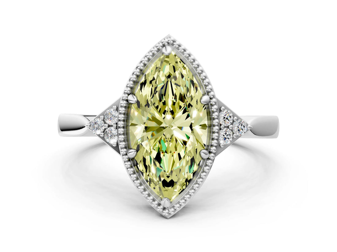 White gold Hexagonal Halo Fancy Yellow Marquise Cut Diamond Solitaire with Pavé Band and Four-Prong Setting_15