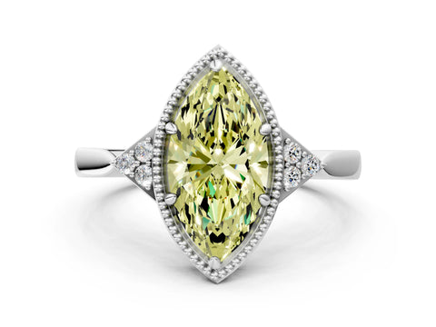 White gold Hexagonal Halo Fancy Yellow Marquise Cut Diamond Solitaire with Pavé Band and Four-Prong Setting_15