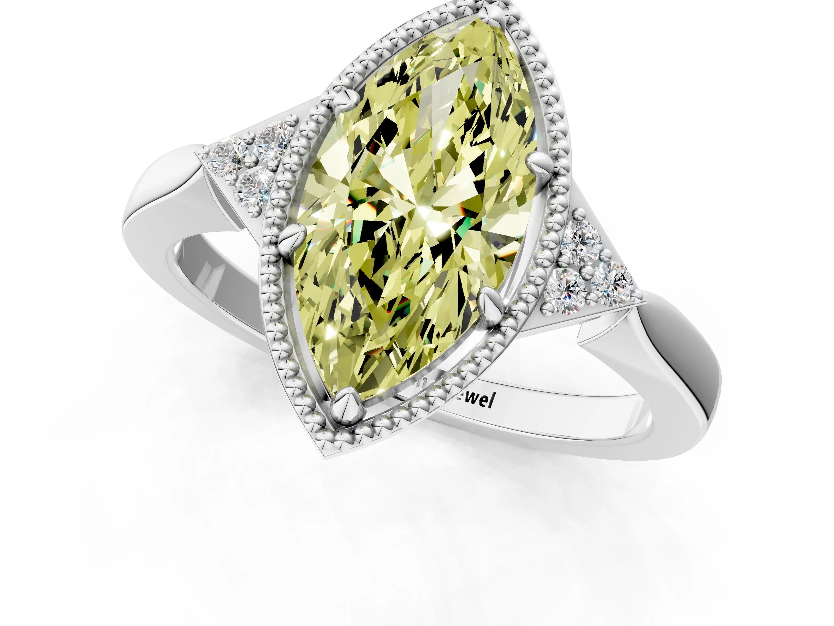 White gold Hexagonal Halo Fancy Yellow Marquise Cut Diamond Solitaire with Pavé Band and Four-Prong Setting_16