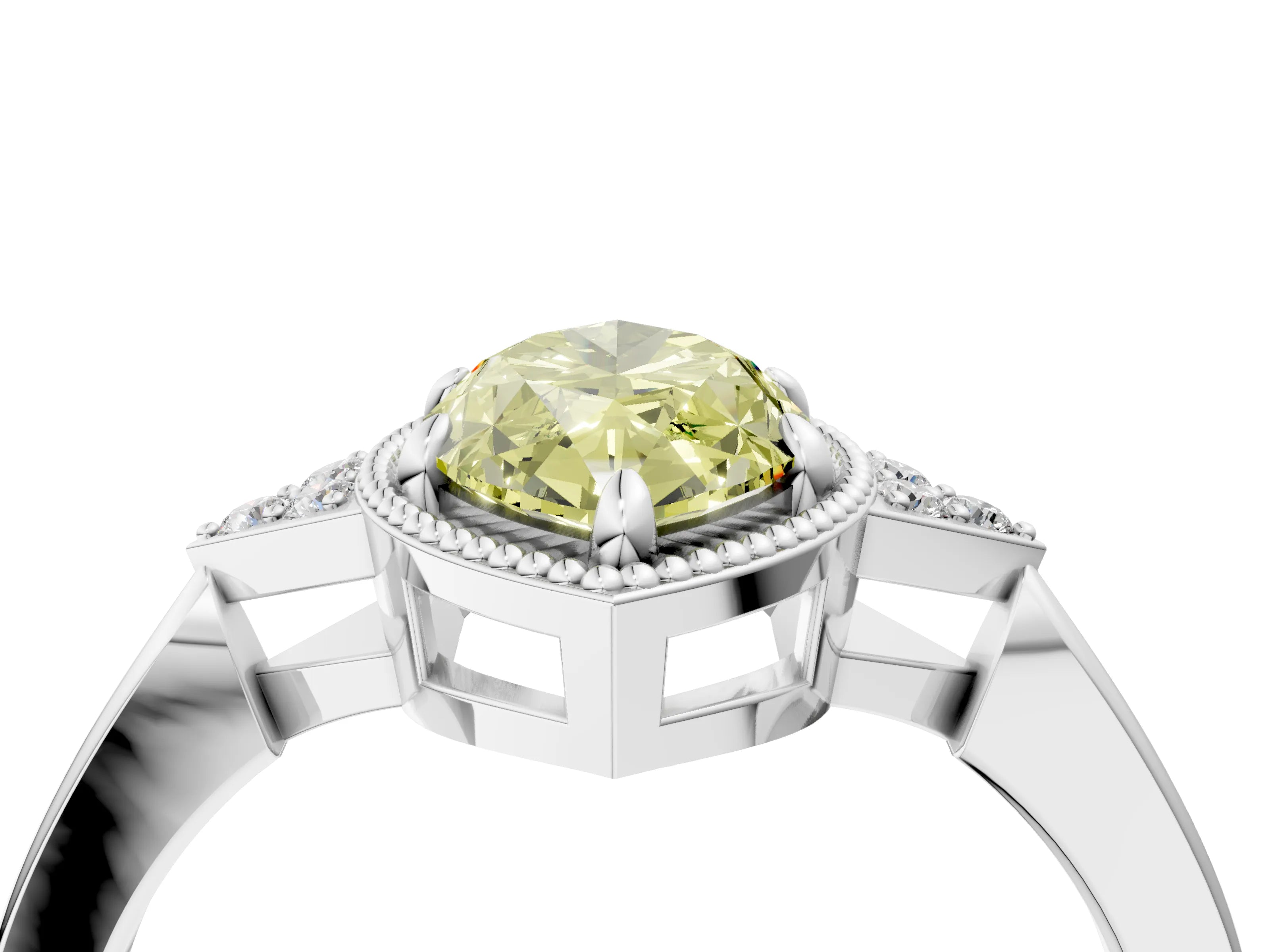 White gold Hexagonal Halo Fancy Yellow Marquise Cut Diamond Solitaire with Pavé Band and Four-Prong Setting_19