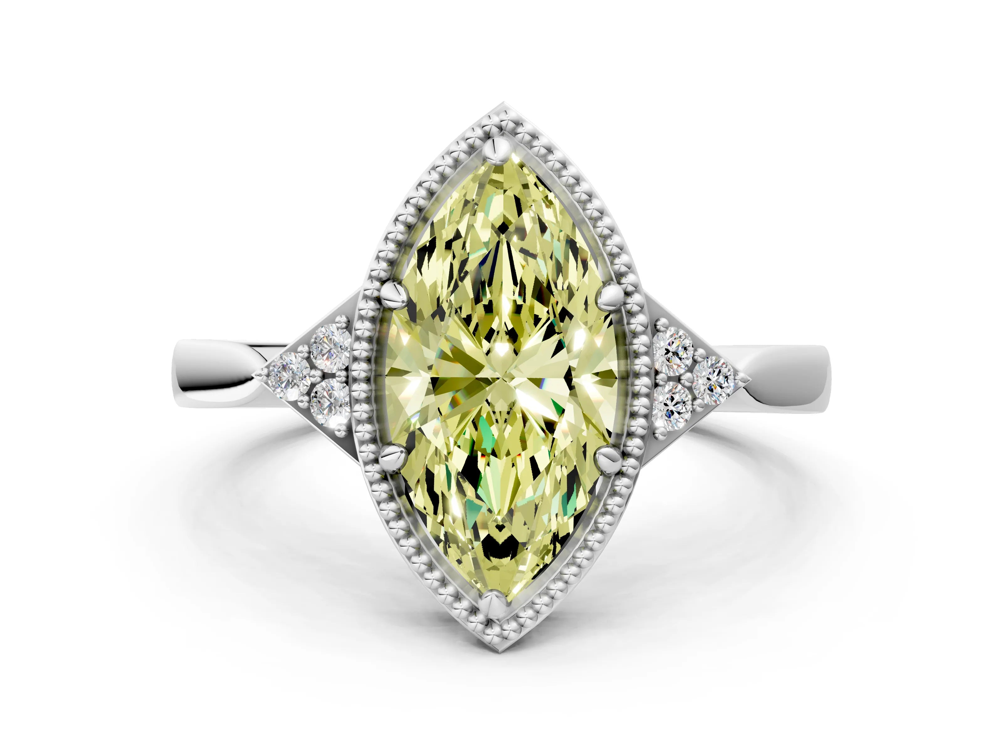 White gold Hexagonal Halo Fancy Yellow Marquise Cut Diamond Solitaire with Pavé Band and Four-Prong Setting_3