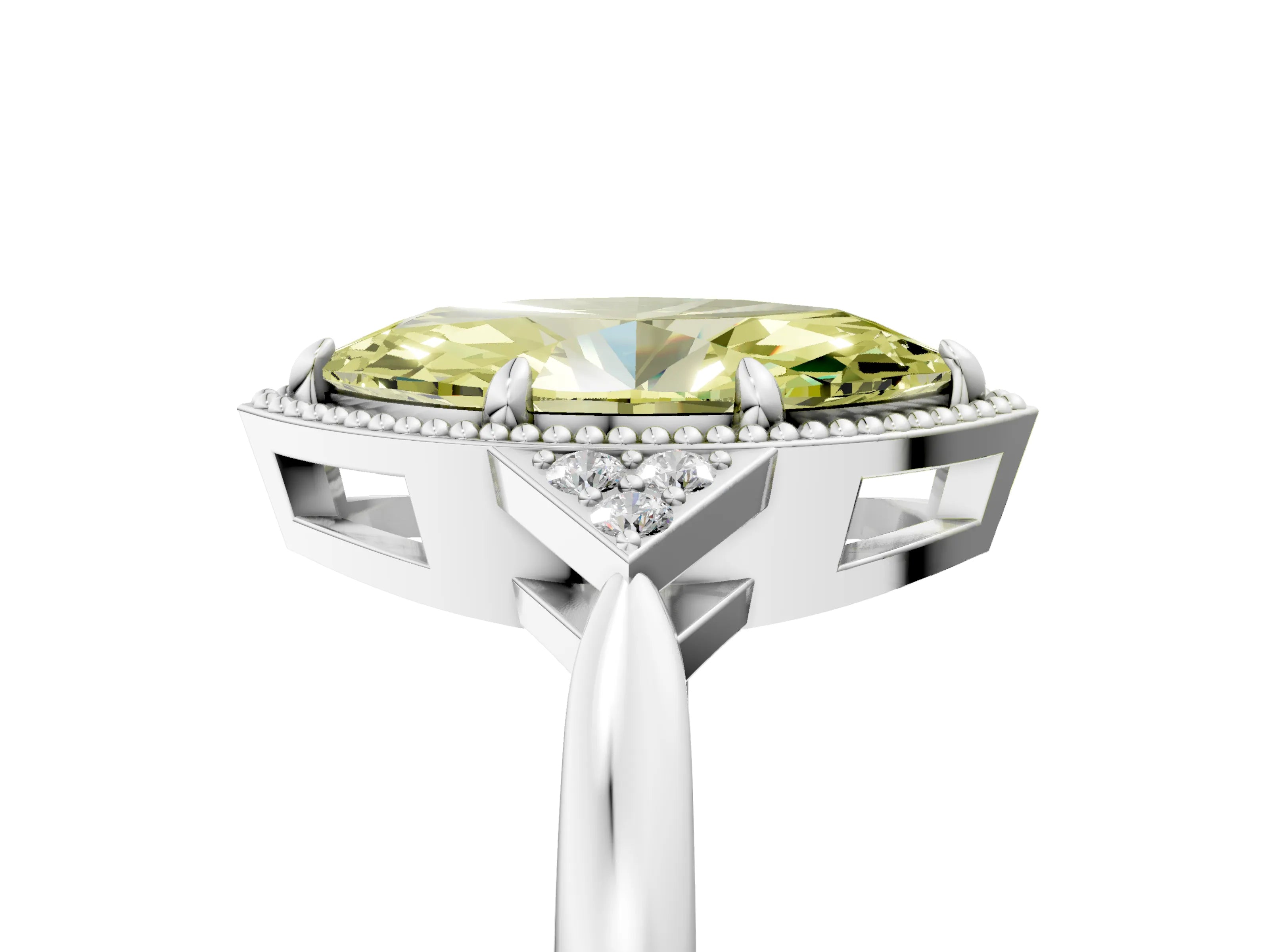 White gold Hexagonal Halo Fancy Yellow Marquise Cut Diamond Solitaire with Pavé Band and Four-Prong Setting_8