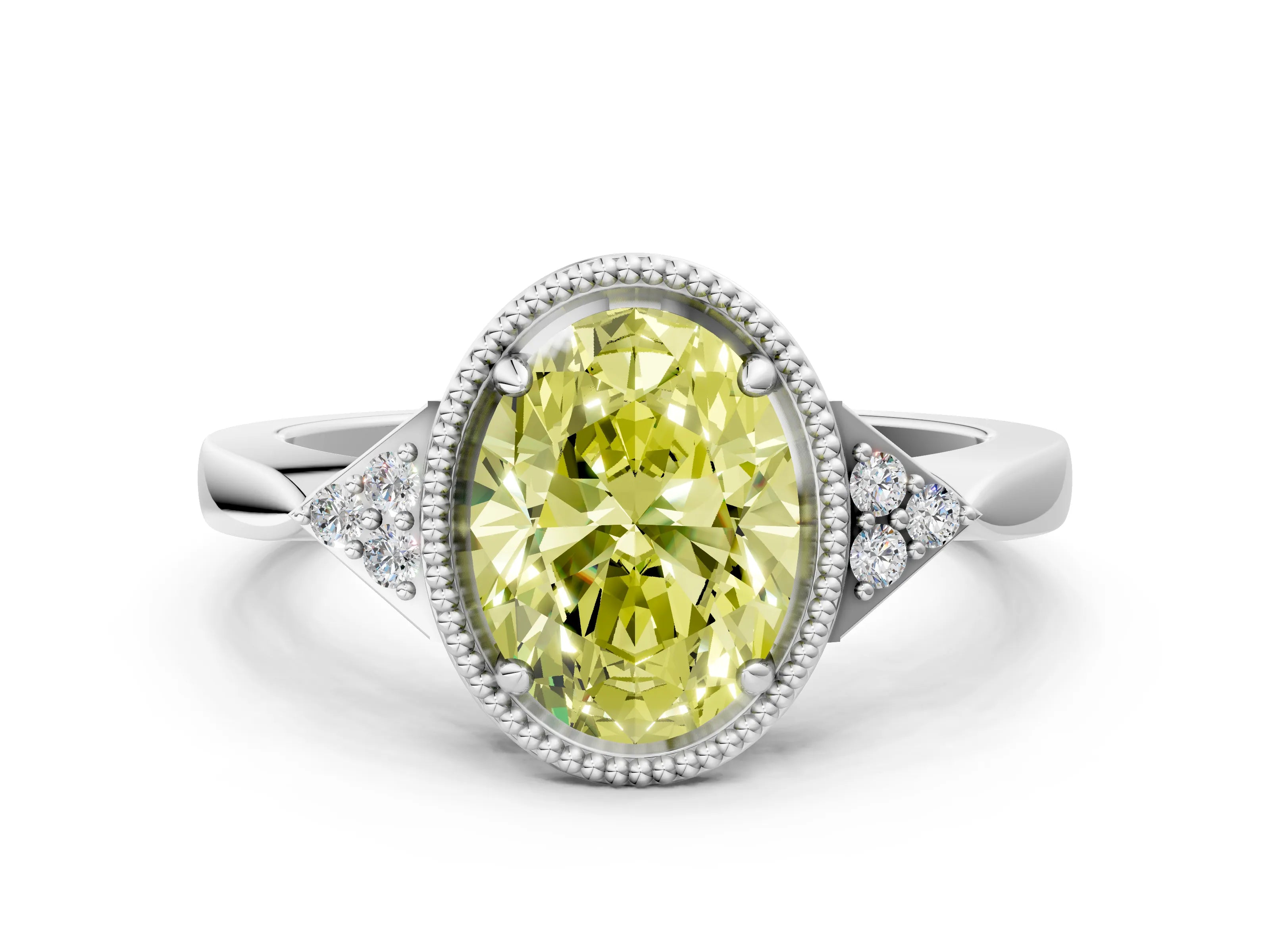 White gold Hexagonal Halo Fancy Yellow Oval Cut Diamond Solitaire with Pavé Band and Four-Prong Setting_15