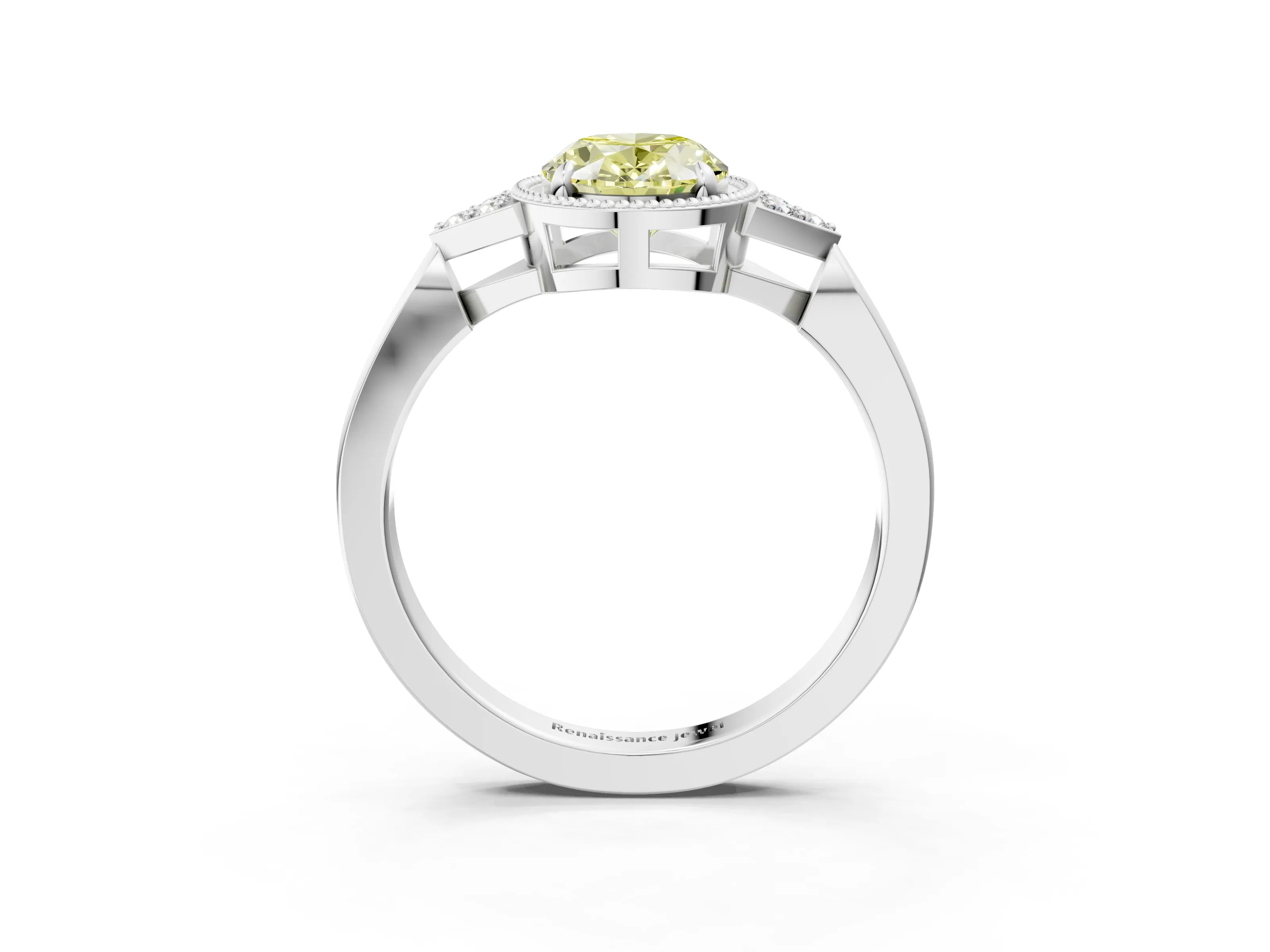 White gold Hexagonal Halo Fancy Yellow Oval Cut Diamond Solitaire with Pavé Band and Four-Prong Setting_18