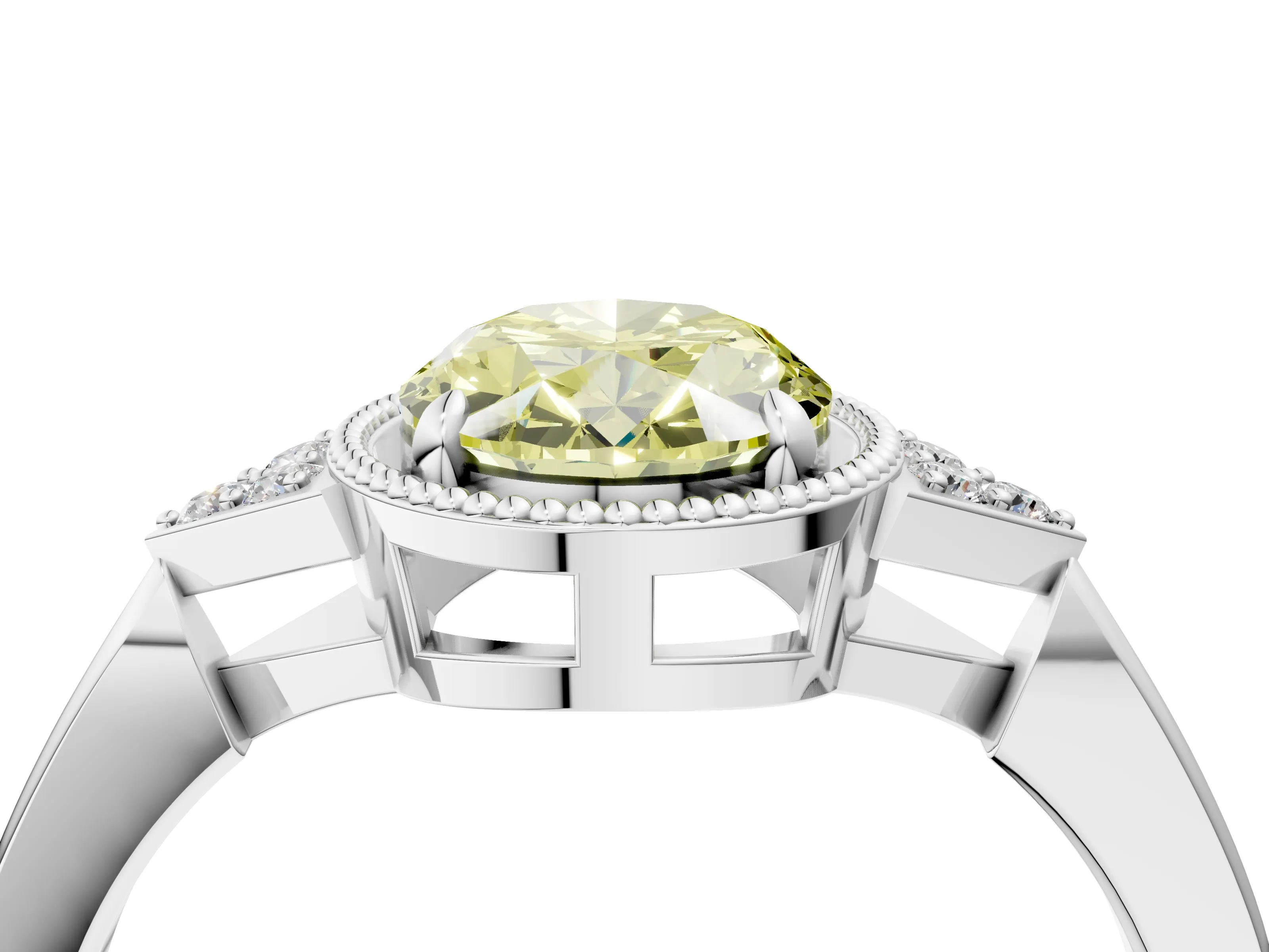 White gold Hexagonal Halo Fancy Yellow Oval Cut Diamond Solitaire with Pavé Band and Four-Prong Setting_19