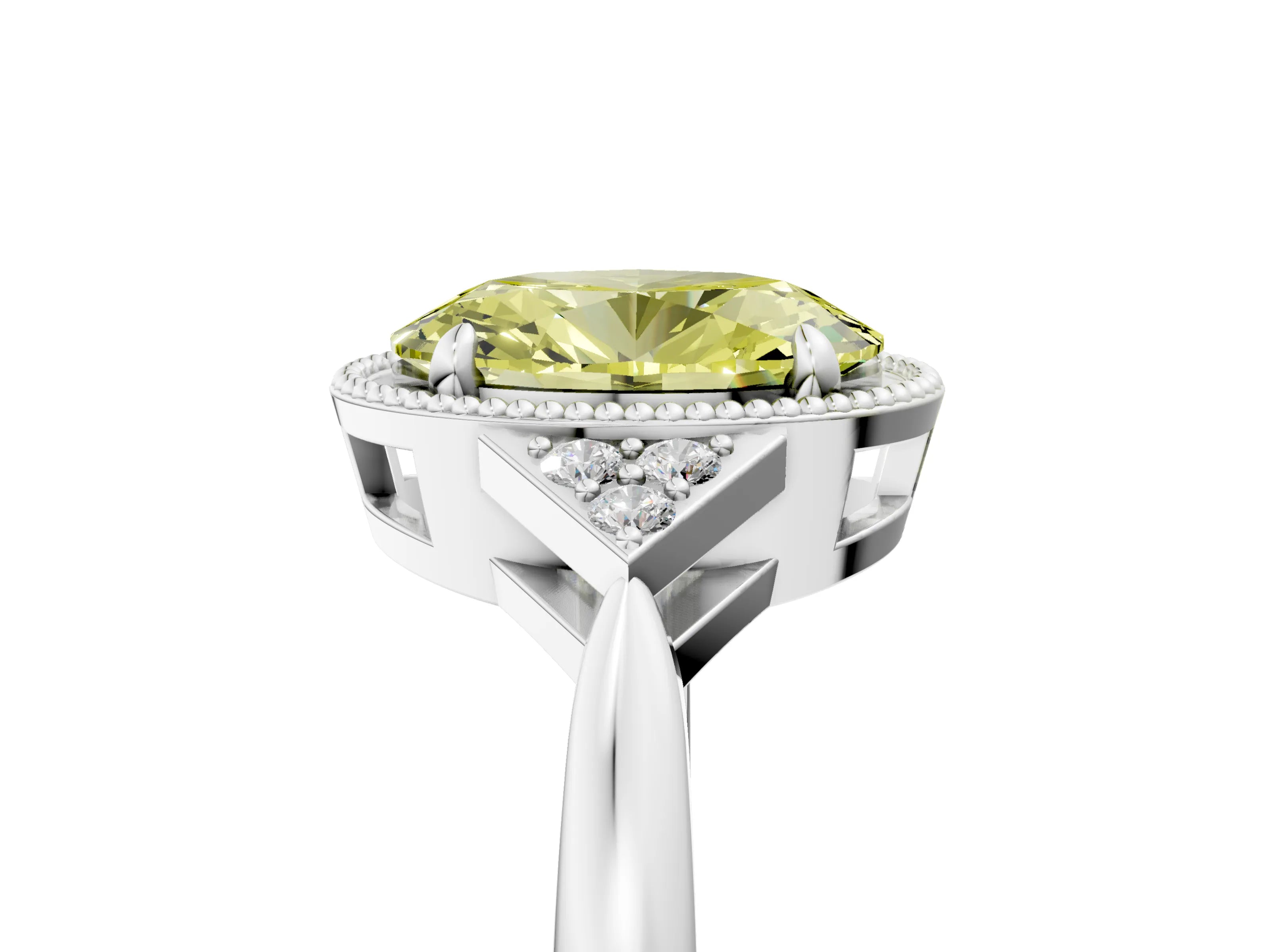 White gold Hexagonal Halo Fancy Yellow Oval Cut Diamond Solitaire with Pavé Band and Four-Prong Setting_8