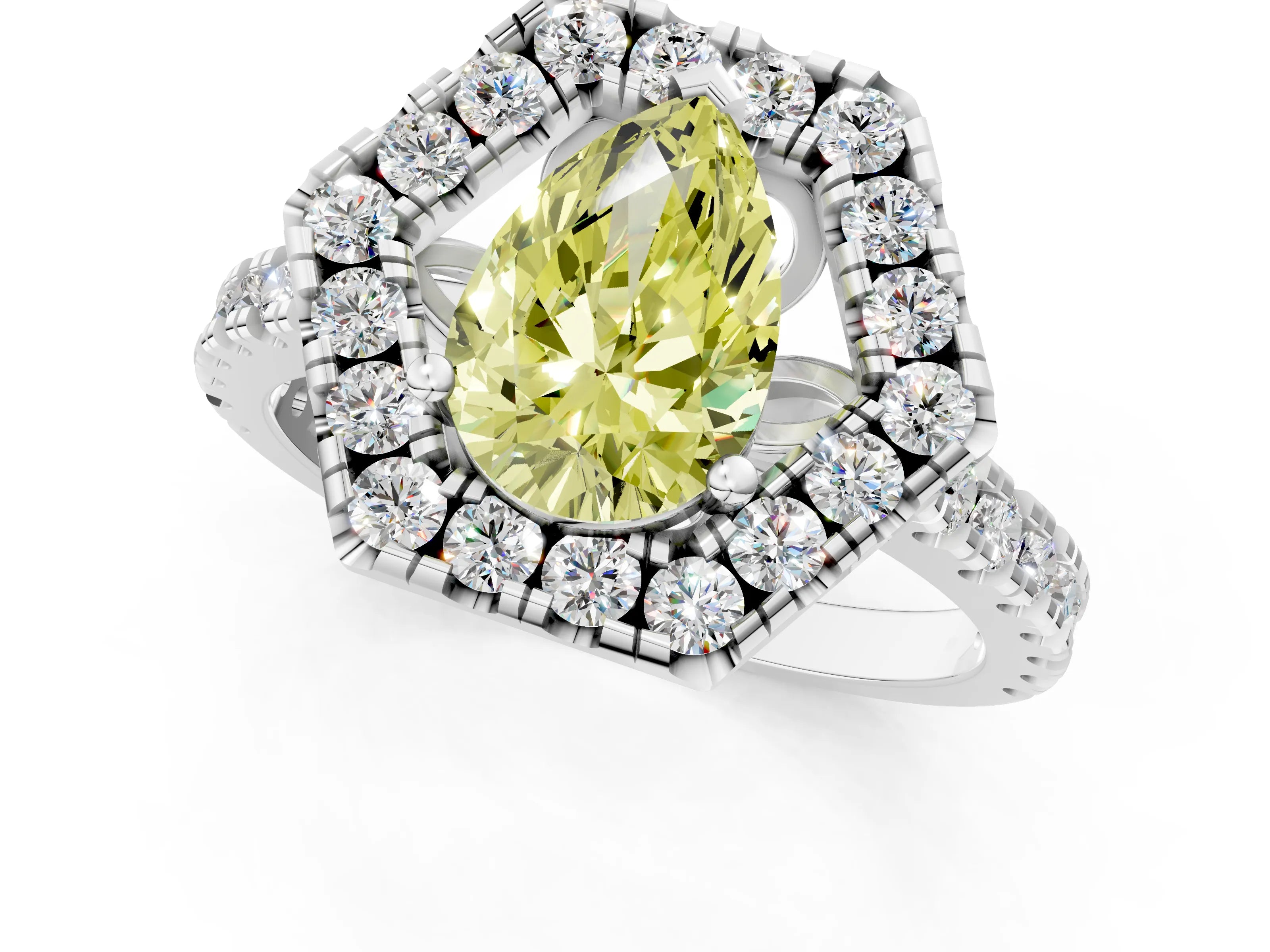 White gold Hexagonal Halo Fancy Yellow Pear Cut Diamond Pavé Band with Four-Prong Setting_1