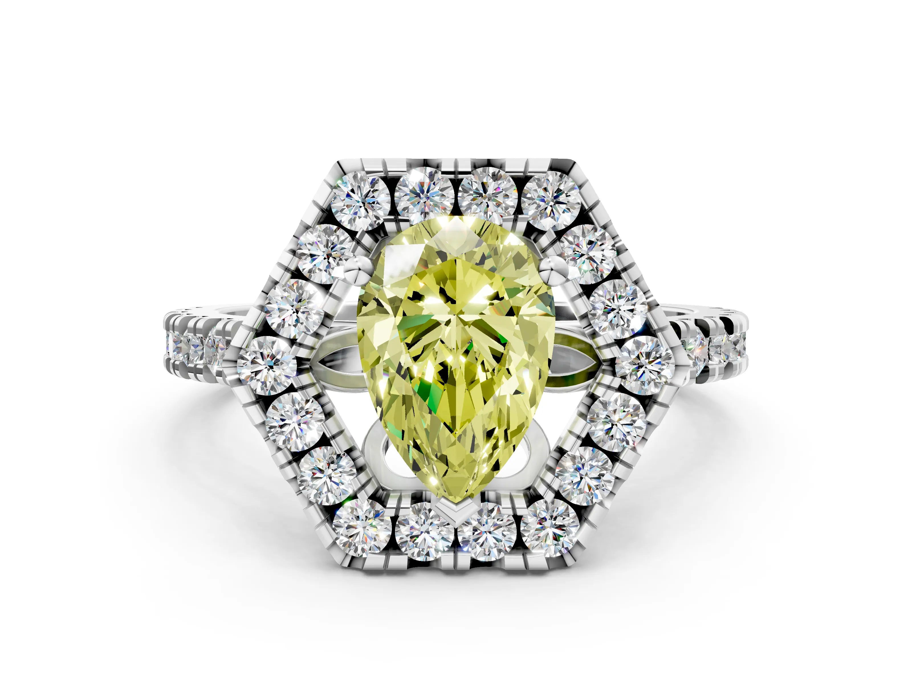 White gold Hexagonal Halo Fancy Yellow Pear Cut Diamond Pavé Band with Four-Prong Setting