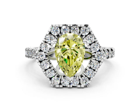 White gold Hexagonal Halo Fancy Yellow Pear Cut Diamond Pavé Band with Four-Prong Setting